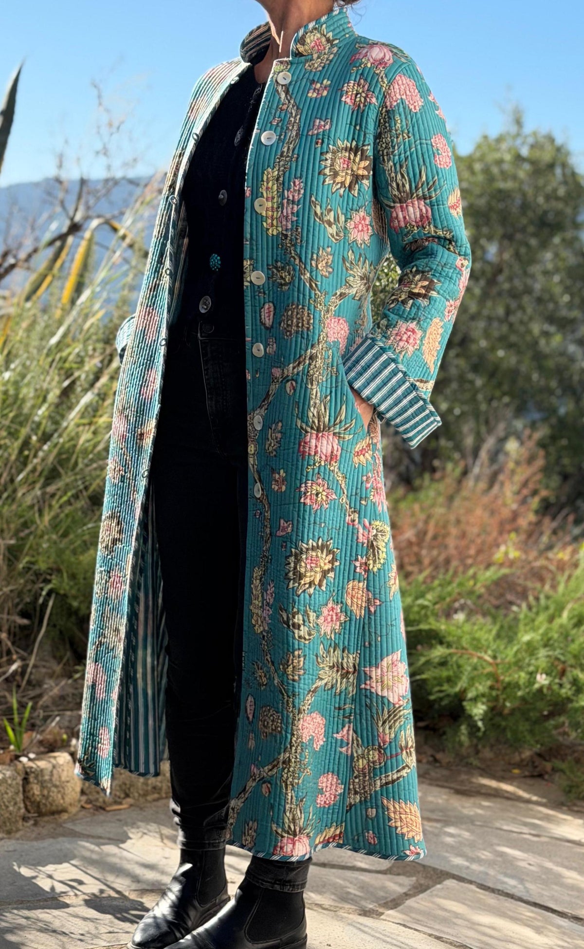Quilted hydrangea coat with turquoise lining