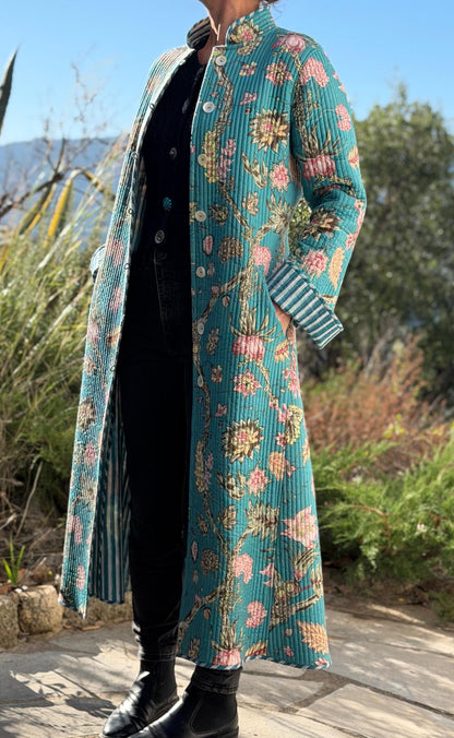 Quilted hydrangea coat with turquoise lining