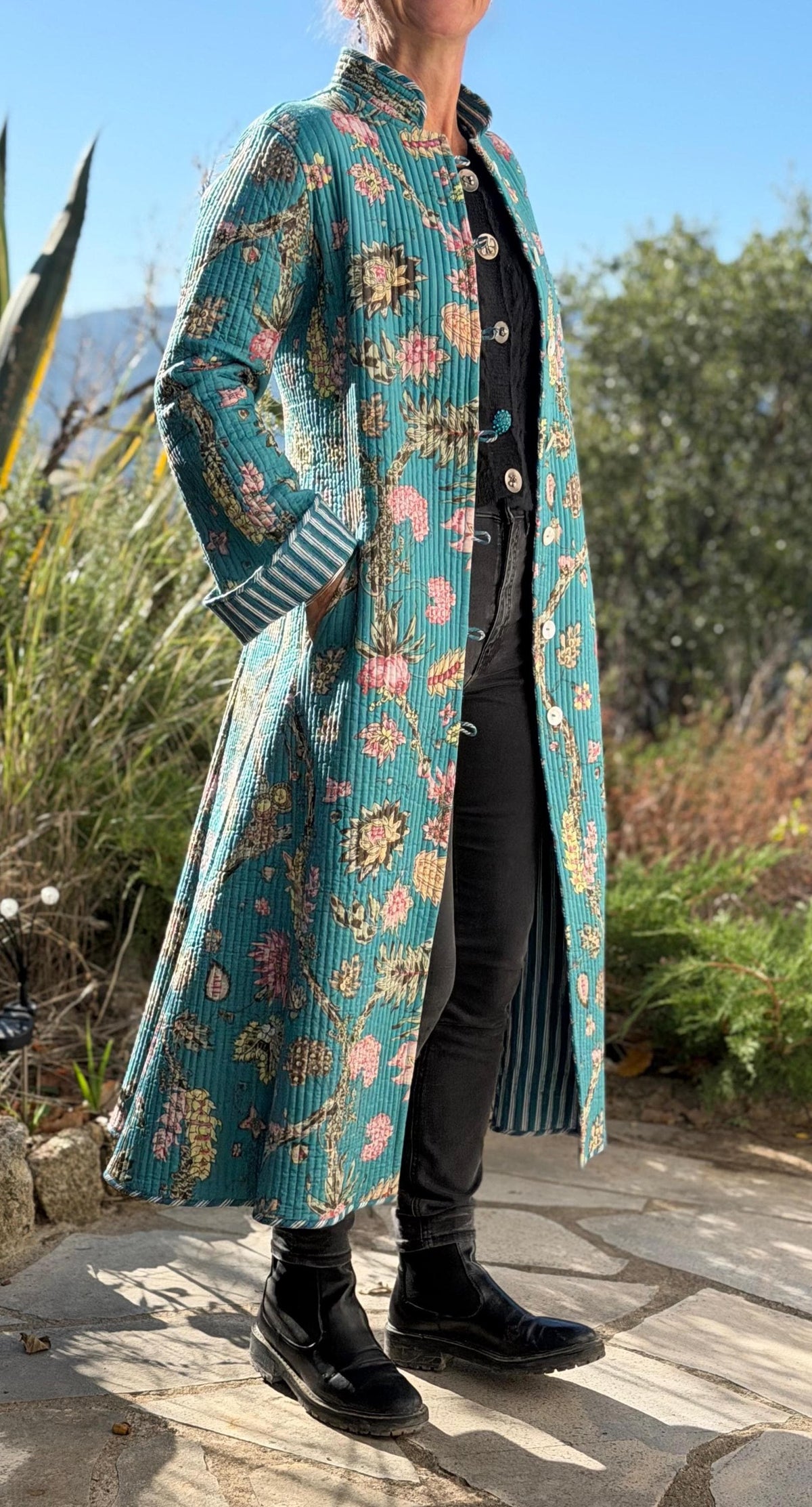 Quilted hydrangea coat with turquoise lining