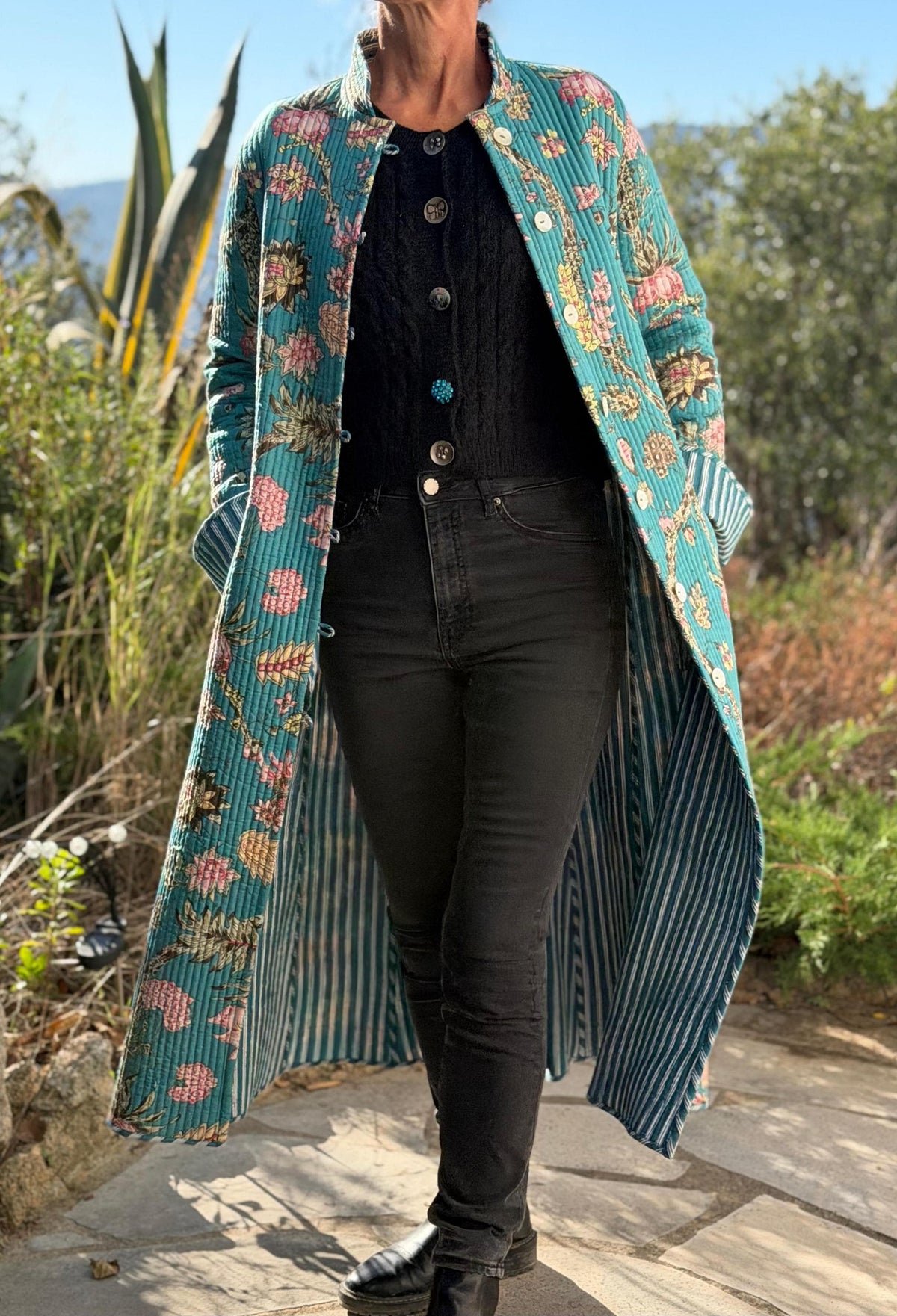 Quilted hydrangea coat with turquoise lining