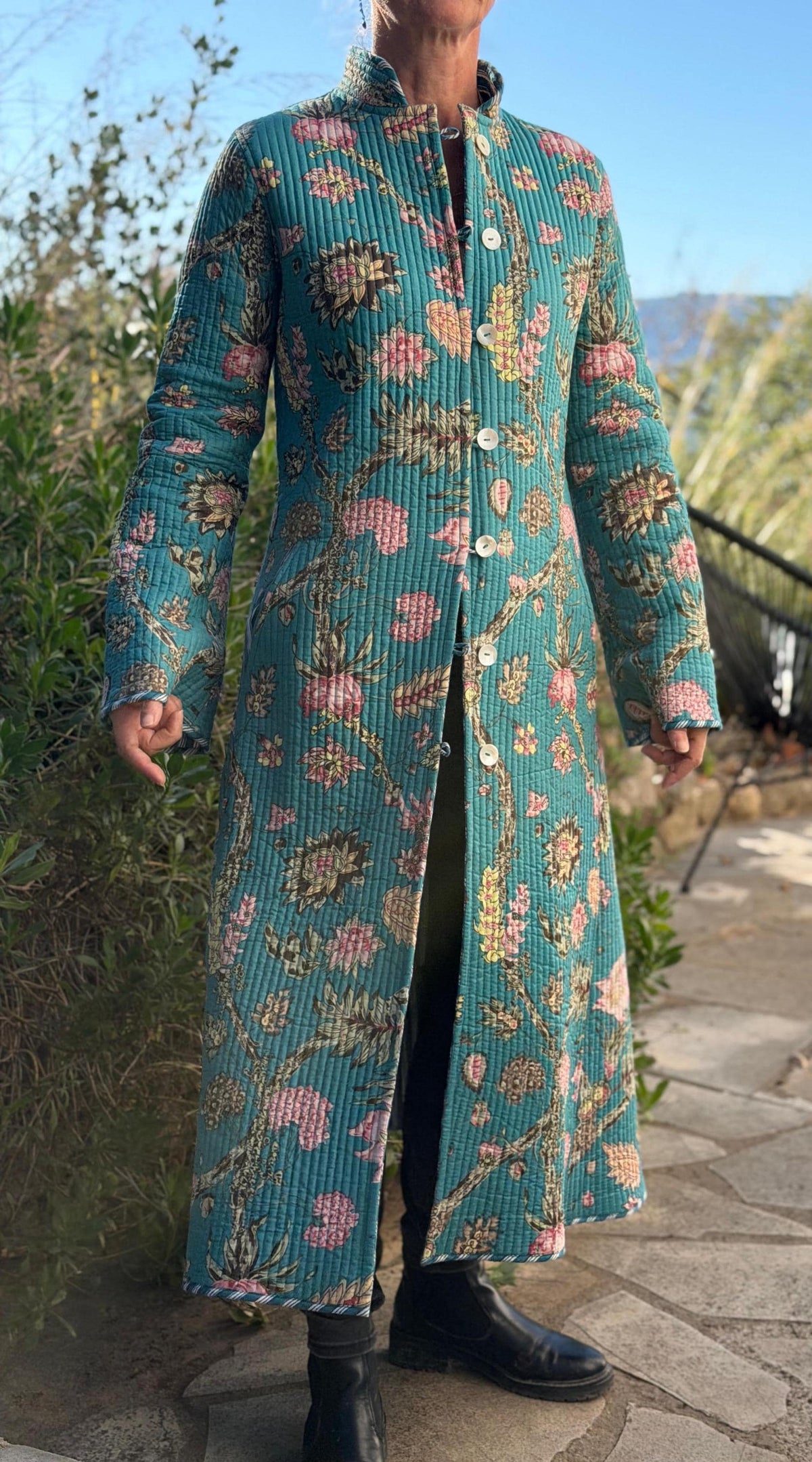 Quilted hydrangea coat with turquoise lining