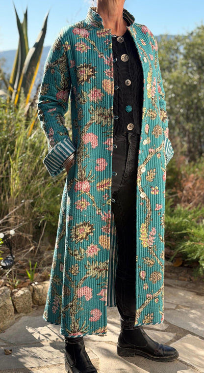 Quilted hydrangea coat with turquoise lining