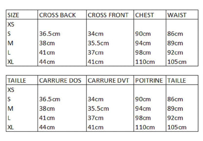 Garment size and measurement chart