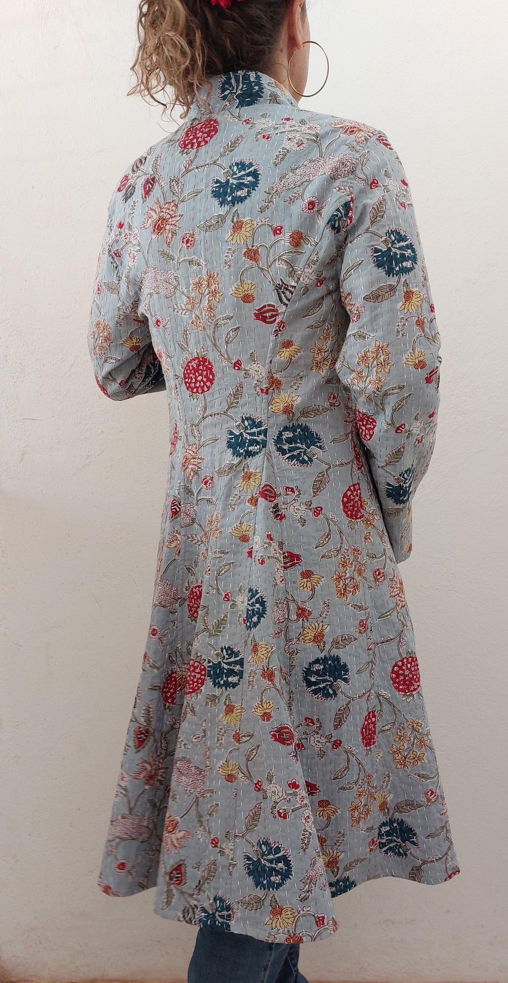 frock coat in cotton not quilted, mid-season jacket, blue-grey color and multicolor floral print, boheme and chic outfit, limited series