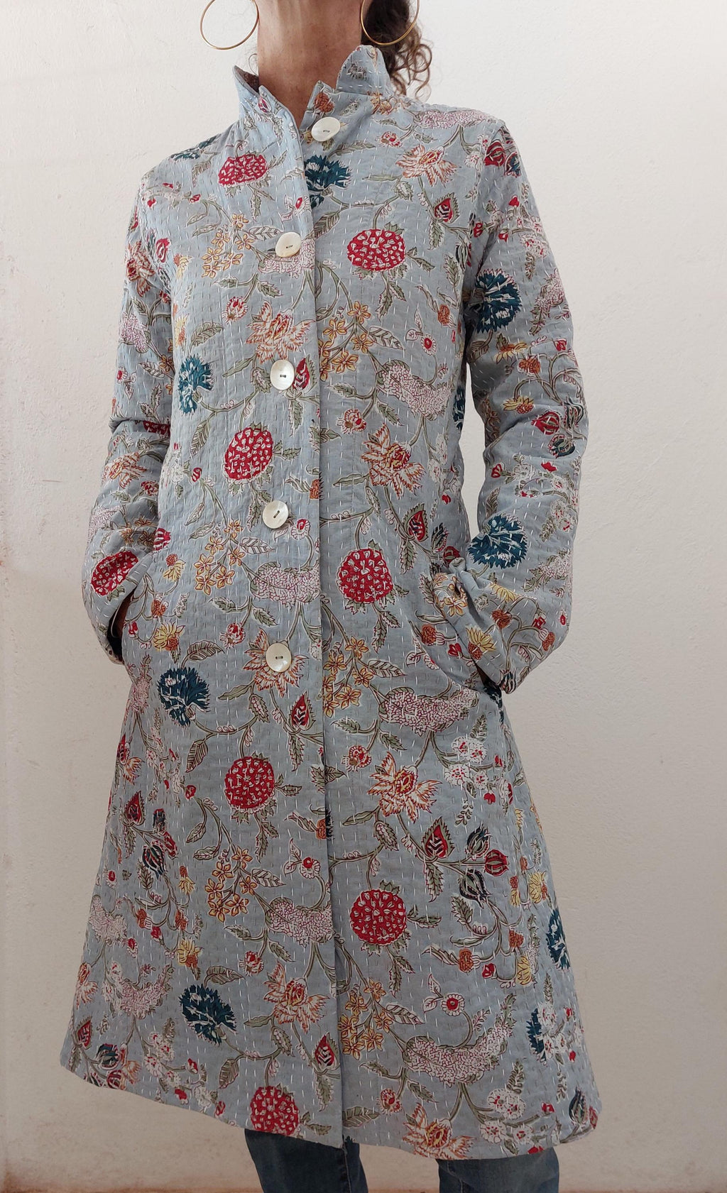 frock coat in cotton not quilted, mid-season jacket, blue-grey color and multicolor floral print, boheme and chic outfit, limited series