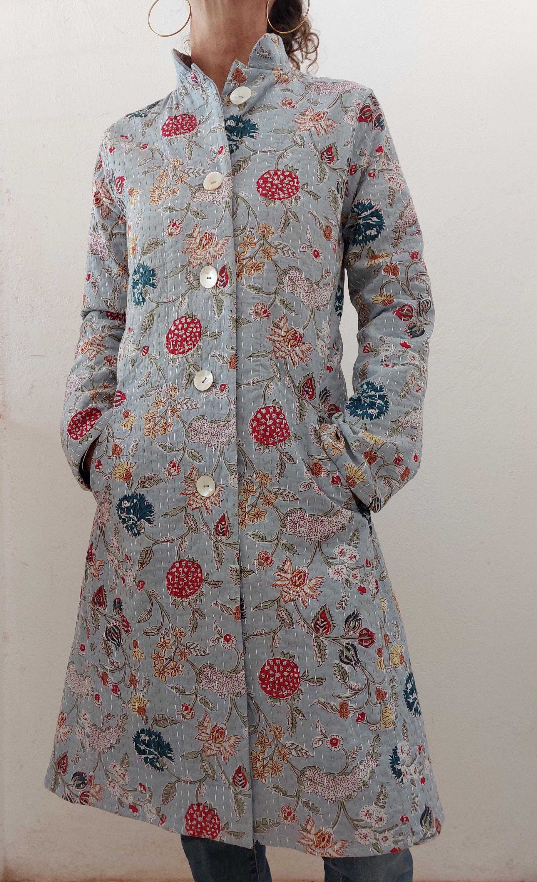 frock coat in cotton not quilted, mid-season jacket, blue-grey color and multicolor floral print, boheme and chic outfit, limited series