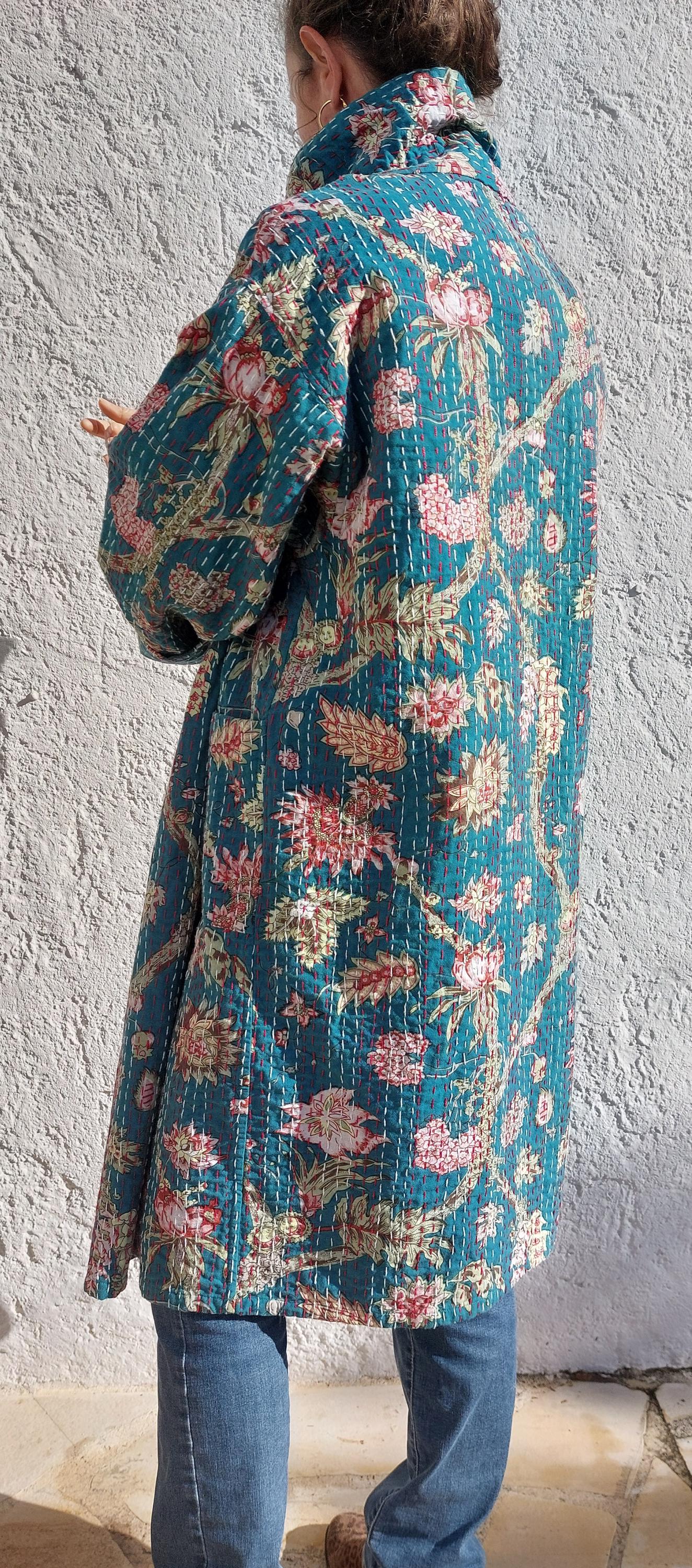 long oversize jacket in cotton not quilted,one of a kind piece,teal color and hydrangea print,bohochic jacket,large collar,larges sleeves