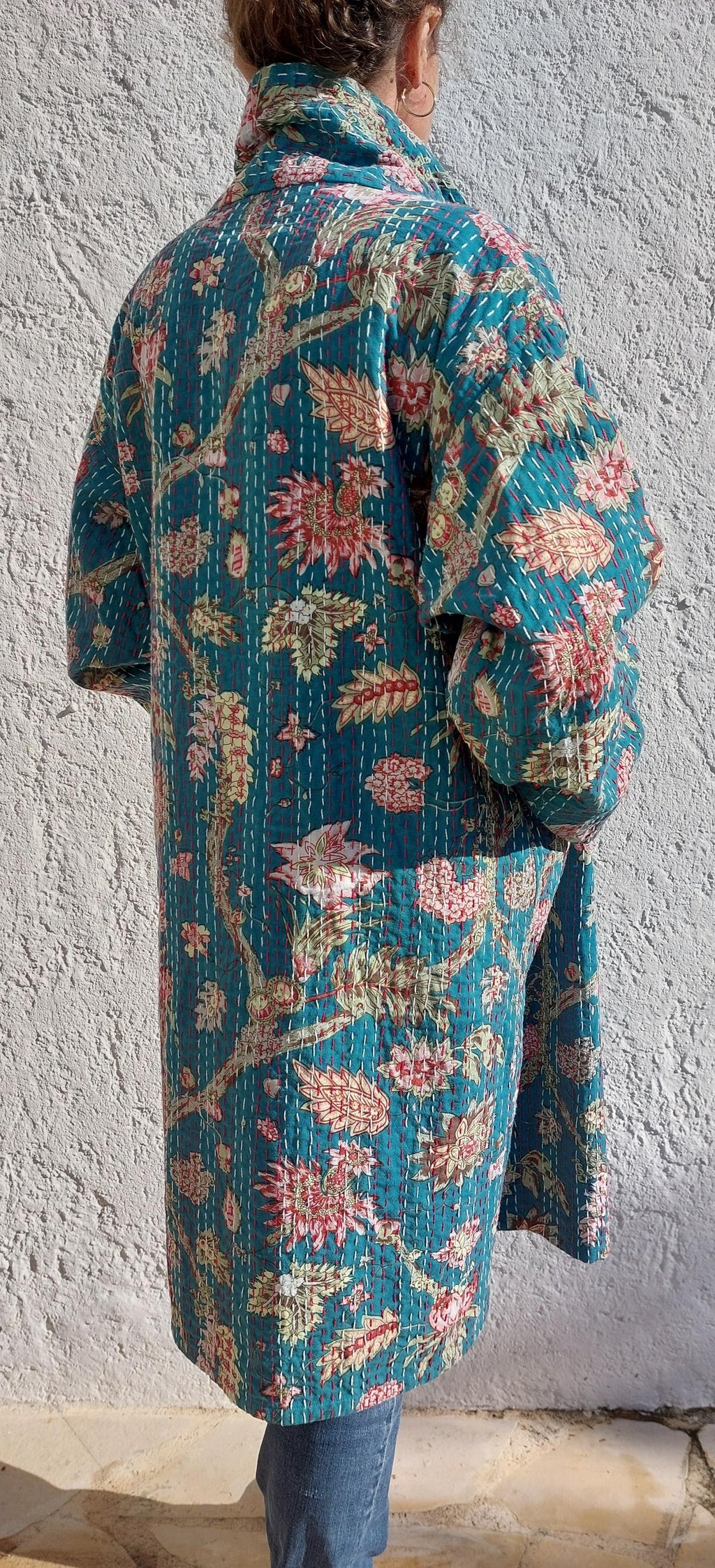 long oversize jacket in cotton not quilted,one of a kind piece,teal color and hydrangea print,bohochic jacket,large collar,larges sleeves