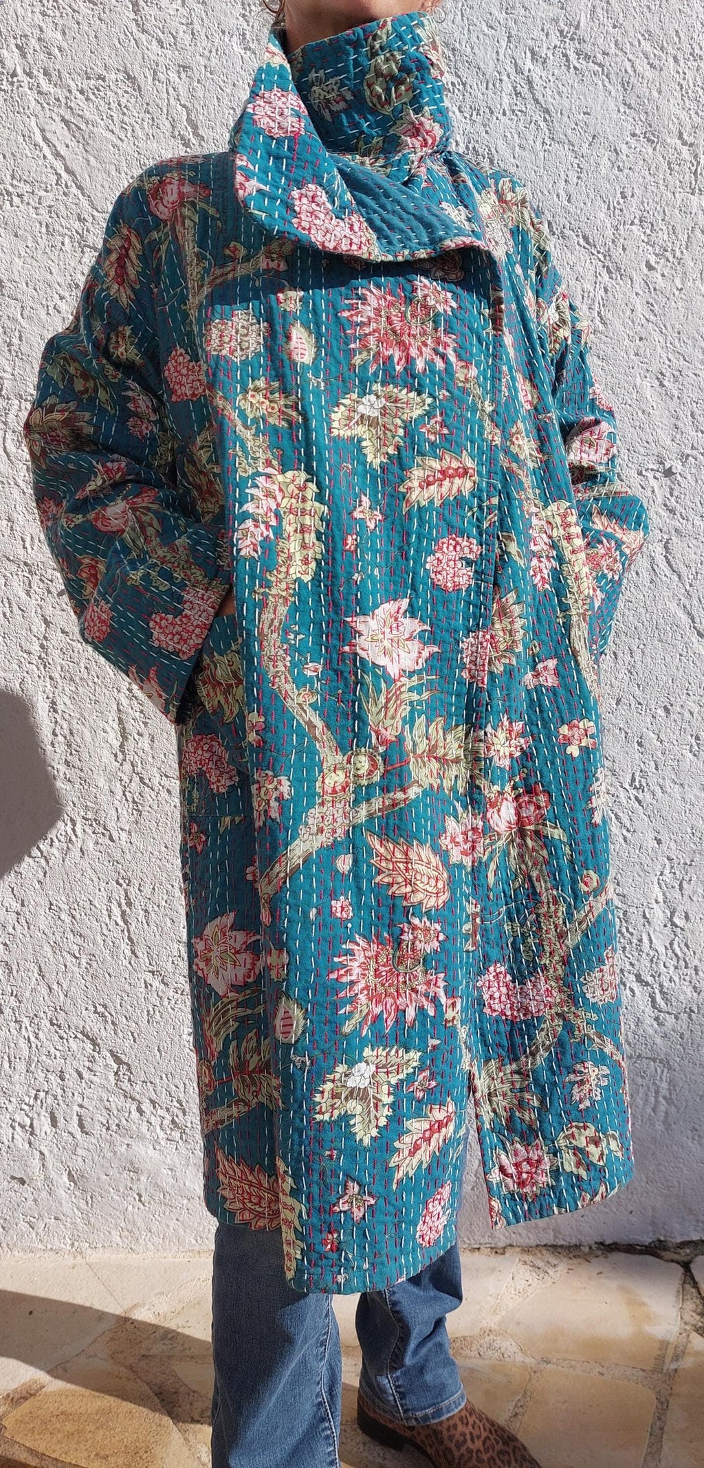long oversize jacket in cotton not quilted,one of a kind piece,teal color and hydrangea print,bohochic jacket,large collar,larges sleeves