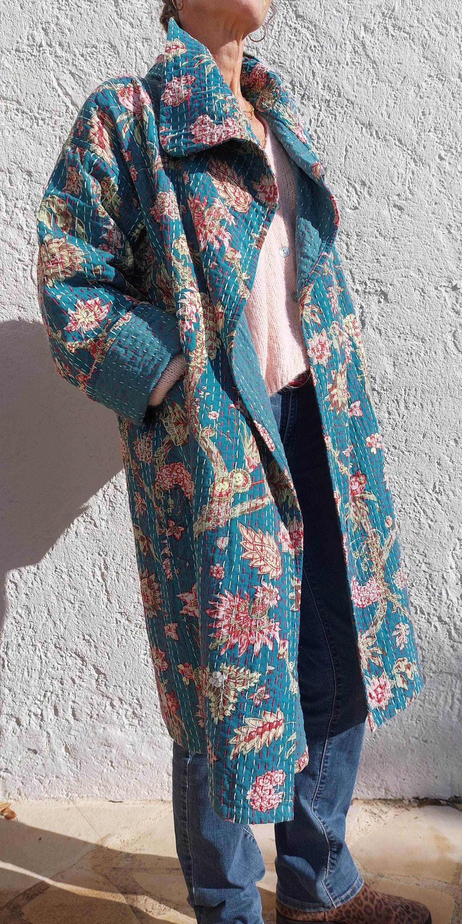 long oversize jacket in cotton not quilted,one of a kind piece,teal color and hydrangea print,bohochic jacket,large collar,larges sleeves