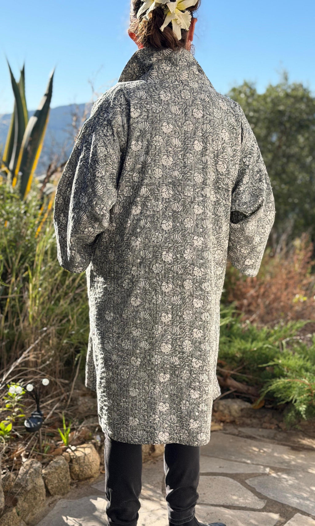 long oversize jacket,unique original design,in hand block printed color,in the shades of grey,floral print,large collar,large sleeves.