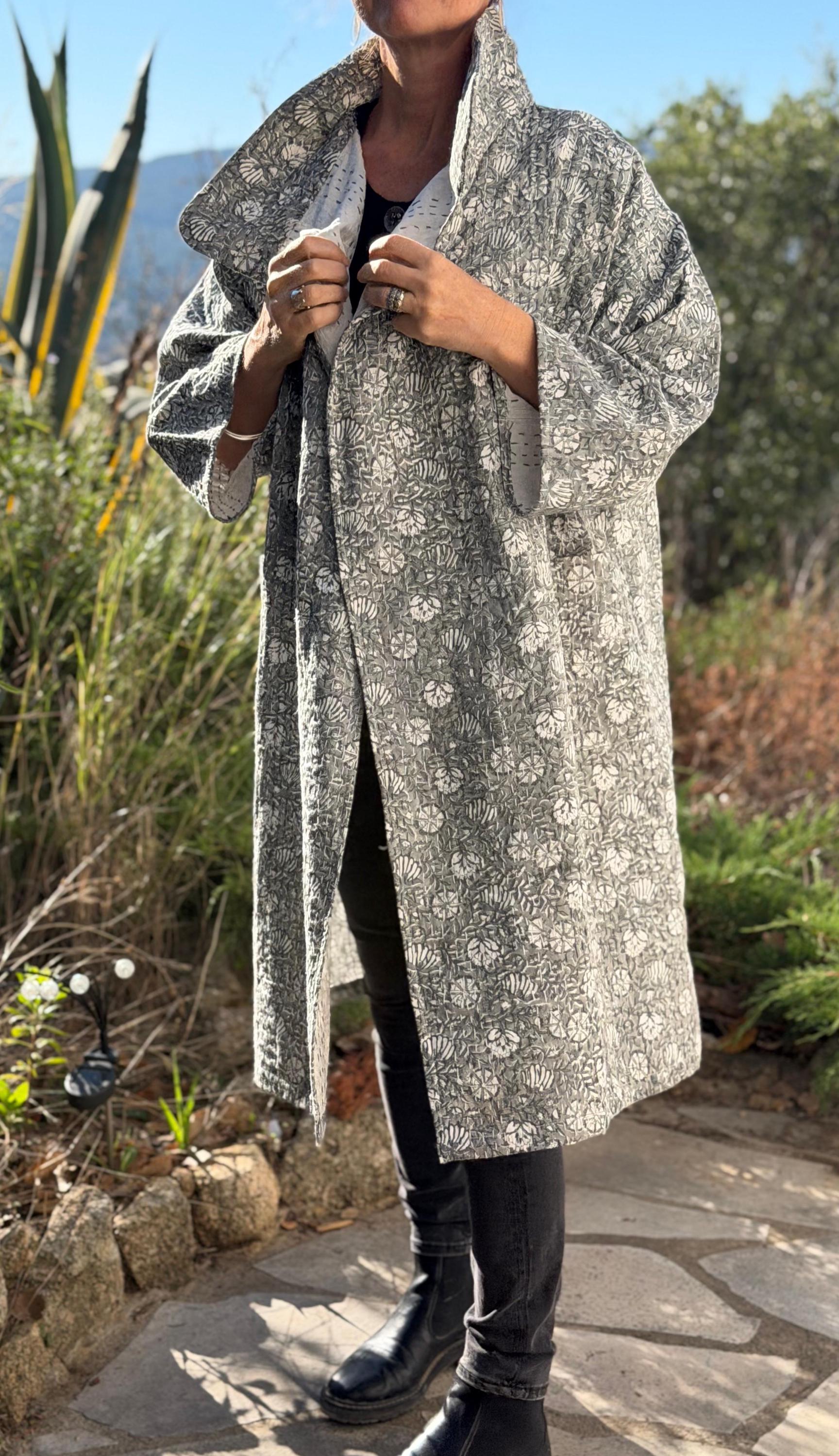 long oversize jacket,unique original design,in hand block printed color,in the shades of grey,floral print,large collar,large sleeves.