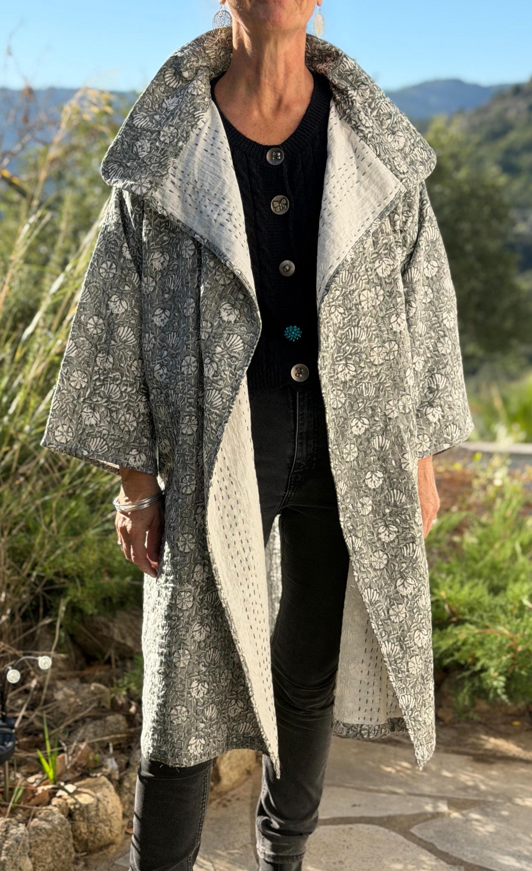 long oversize jacket,unique original design,in hand block printed color,in the shades of grey,floral print,large collar,large sleeves.