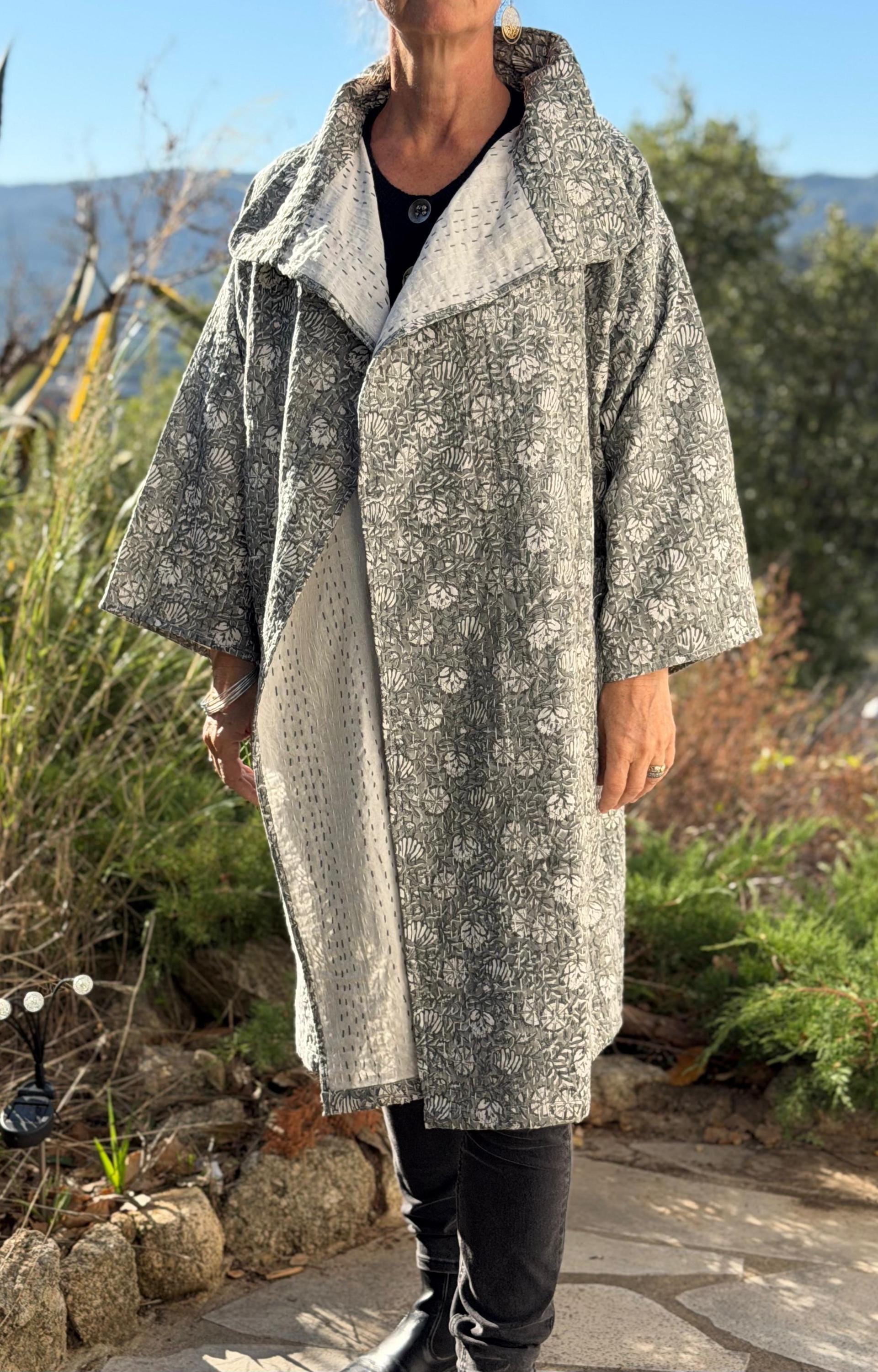 long oversize jacket,unique original design,in hand block printed color,in the shades of grey,floral print,large collar,large sleeves.