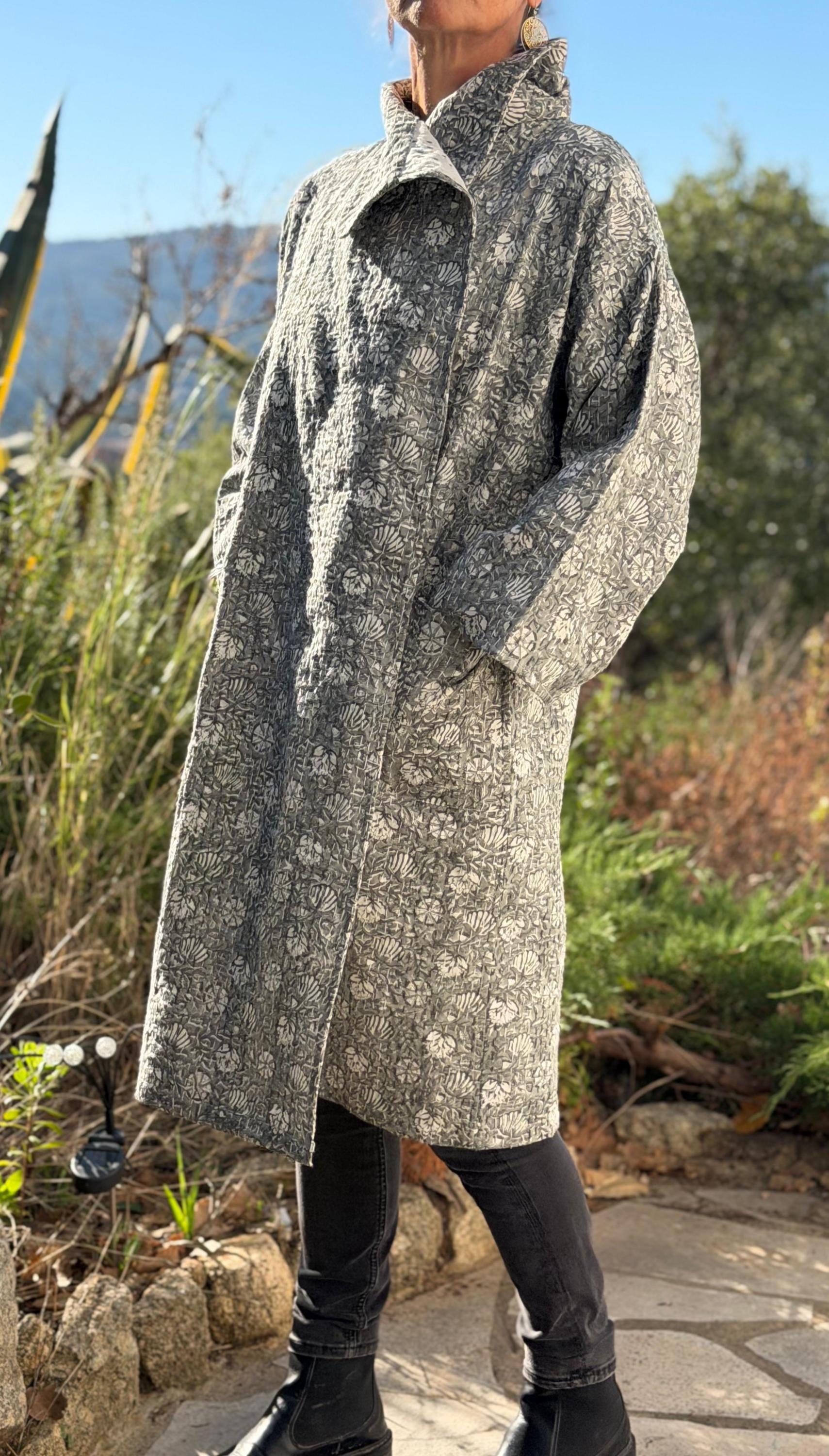 long oversize jacket,unique original design,in hand block printed color,in the shades of grey,floral print,large collar,large sleeves.