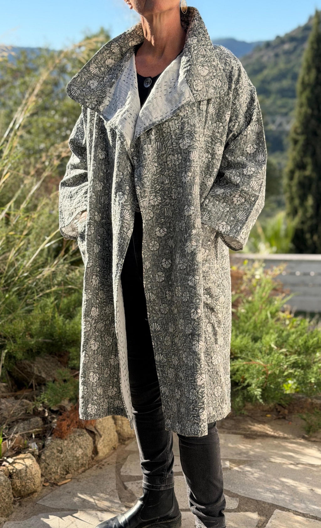long oversize jacket,unique original design,in hand block printed color,in the shades of grey,floral print,large collar,large sleeves.