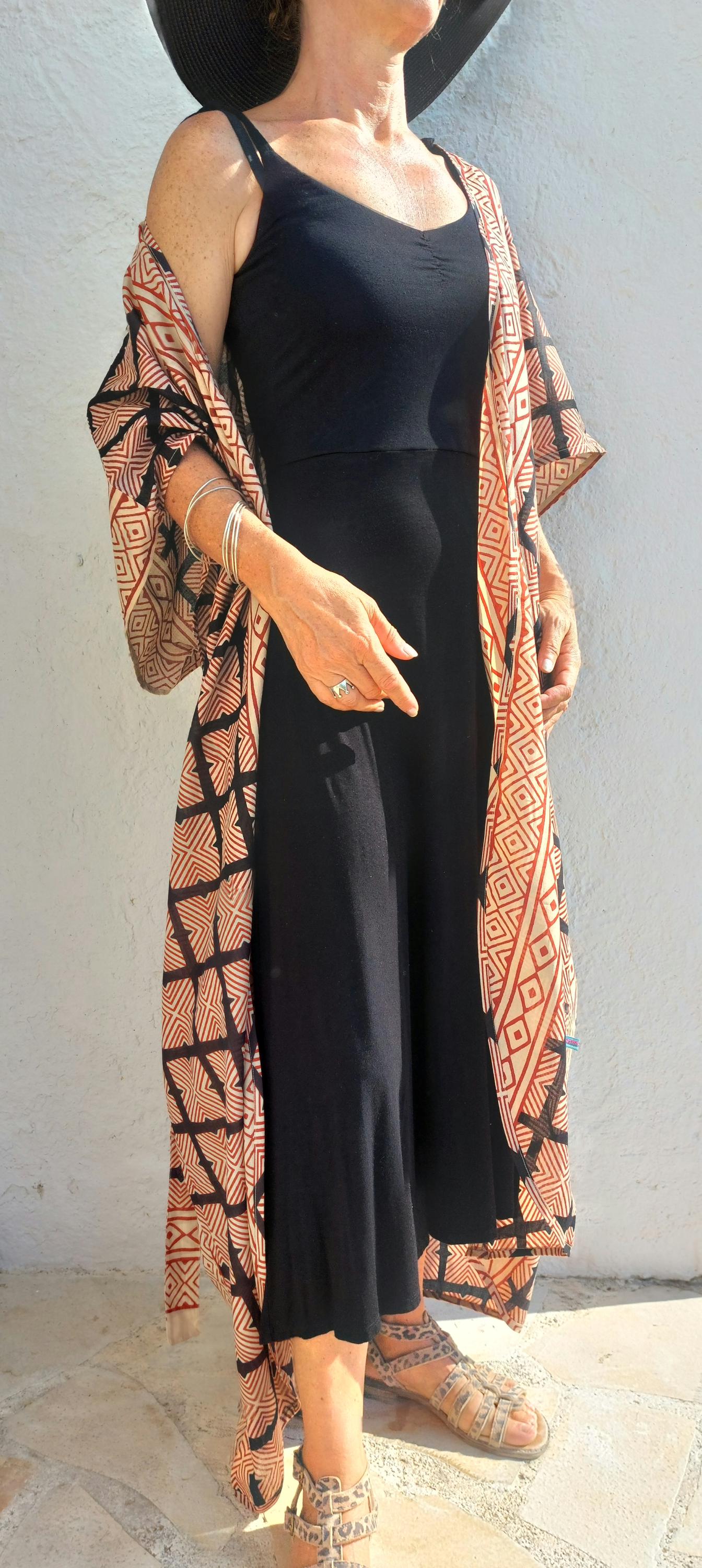 cover up in soft cotton,large square pattern in beige,rusty and black colors,indoor dressing gown,one of a kind beach kimono,tiny belt