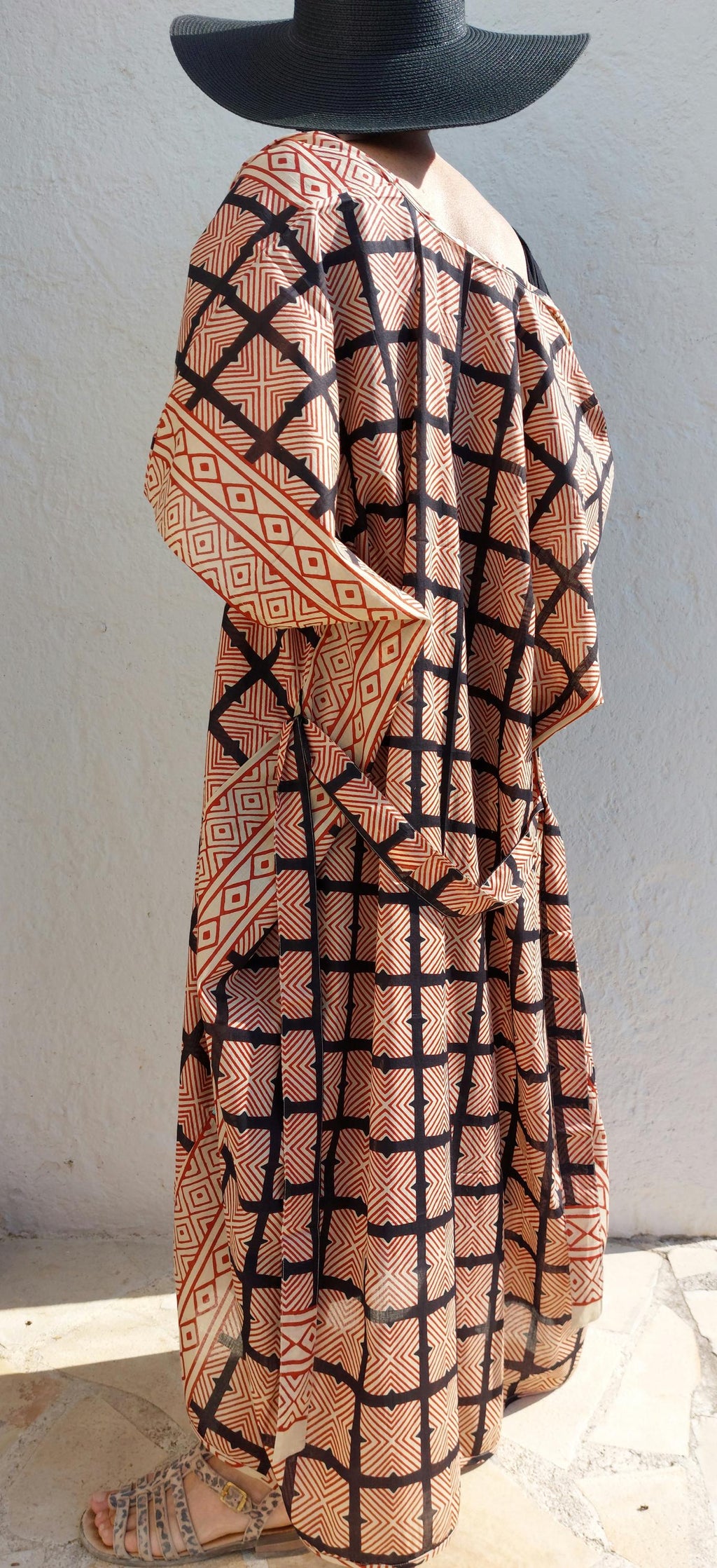 cover up in soft cotton,large square pattern in beige,rusty and black colors,indoor dressing gown,one of a kind beach kimono,tiny belt
