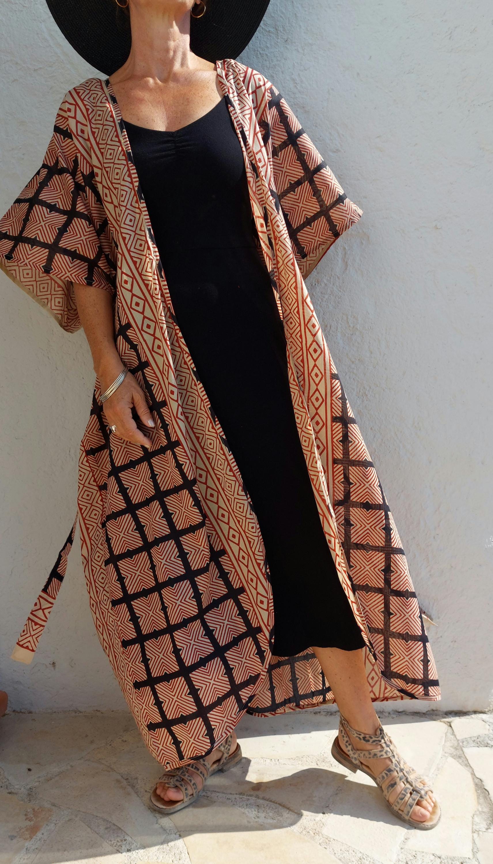 cover up in soft cotton,large square pattern in beige,rusty and black colors,indoor dressing gown,one of a kind beach kimono,tiny belt