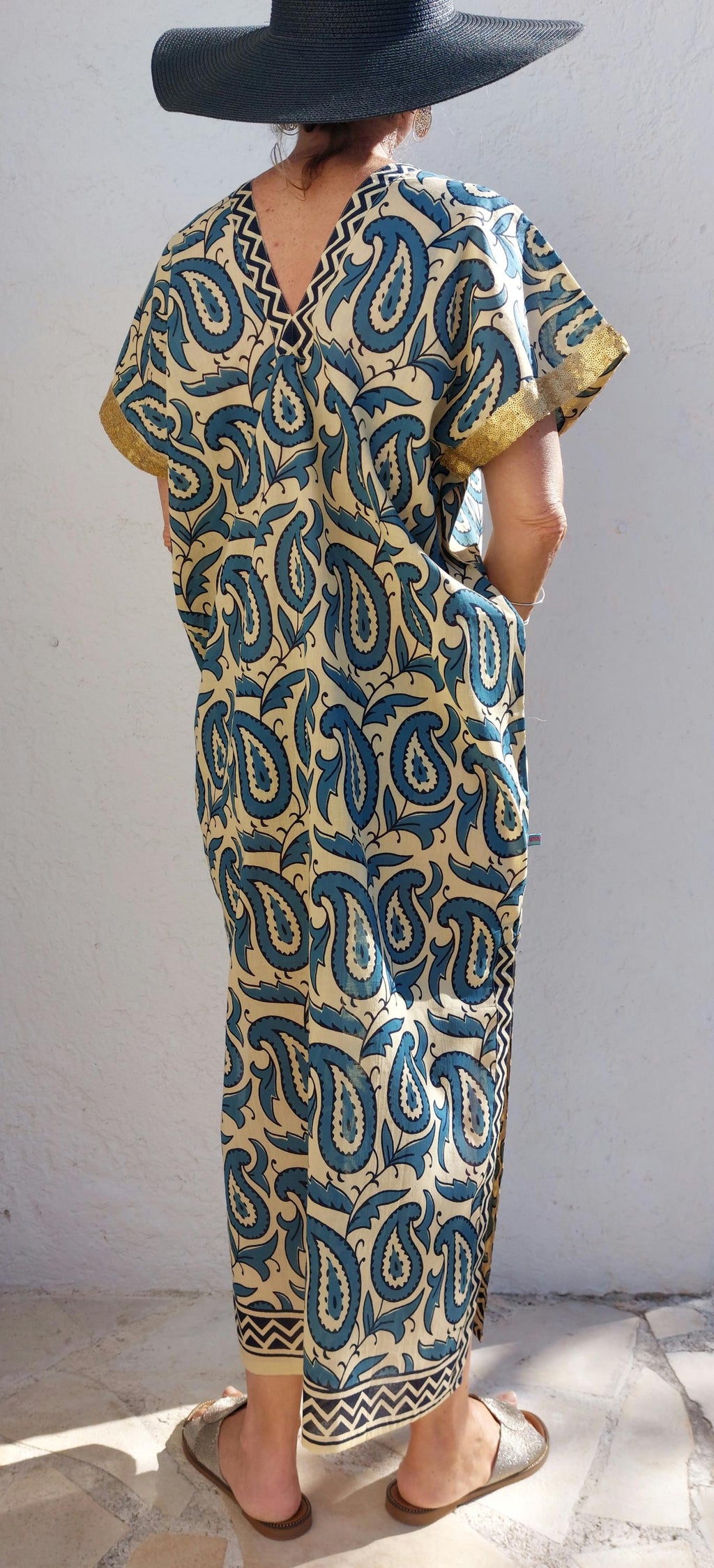 long caftan in soft cotton,one of a kind ponch,beige-blue paisley pattern,old gols sequins lace finishing on sleeves,summer outfit.