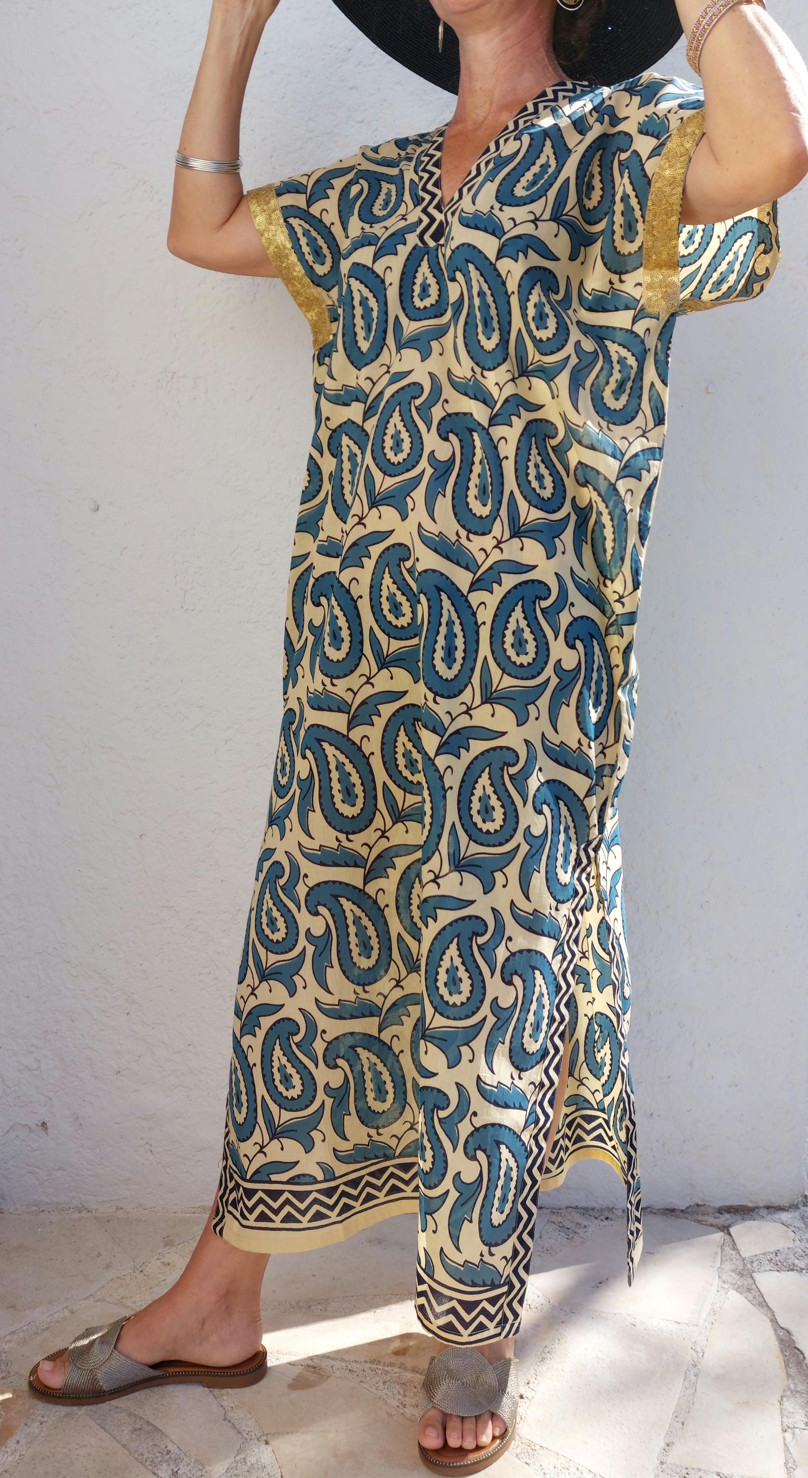 long caftan in soft cotton,one of a kind ponch,beige-blue paisley pattern,old gols sequins lace finishing on sleeves,summer outfit.