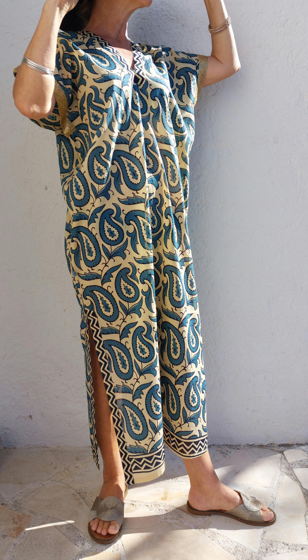 long caftan in soft cotton,one of a kind ponch,beige-blue paisley pattern,old gols sequins lace finishing on sleeves,summer outfit.