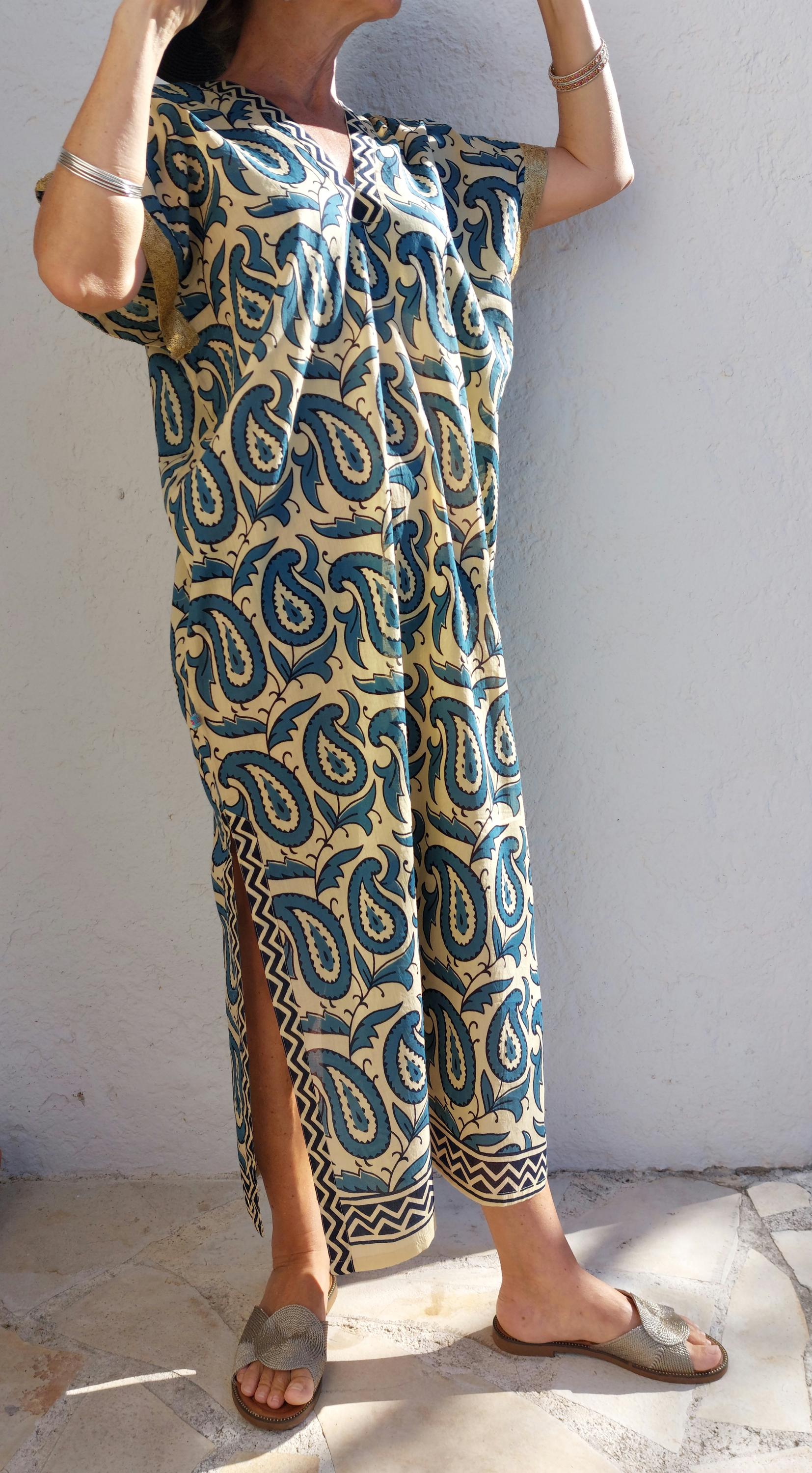 long caftan in soft cotton,one of a kind ponch,beige-blue paisley pattern,old gols sequins lace finishing on sleeves,summer outfit.