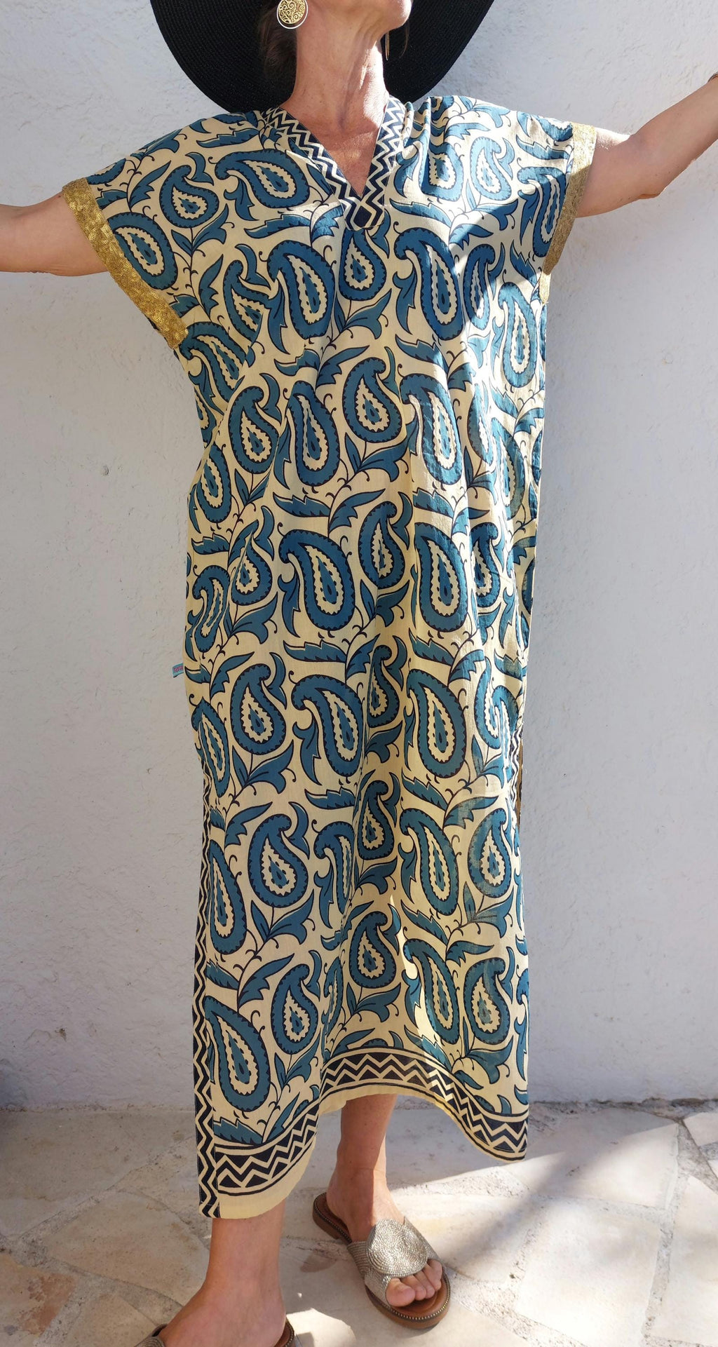 long caftan in soft cotton,one of a kind ponch,beige-blue paisley pattern,old gols sequins lace finishing on sleeves,summer outfit.