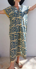 long caftan in soft cotton,one of a kind ponch,beige-blue paisley pattern,old gols sequins lace finishing on sleeves,summer outfit.