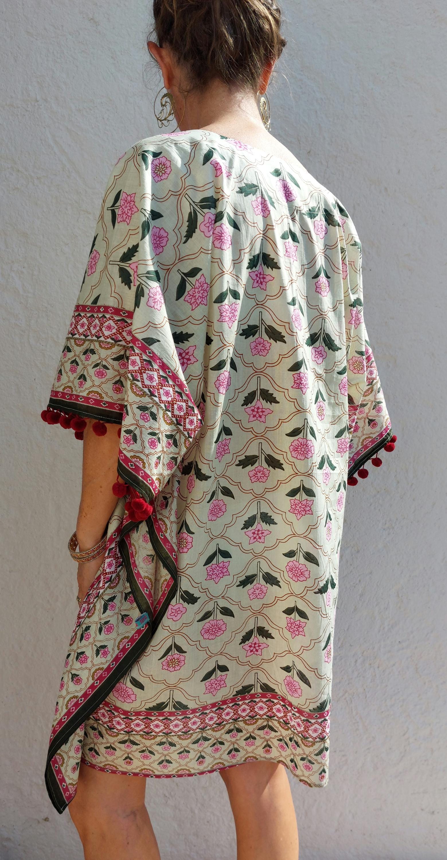 short kaftan in soft cotton, beach outfit,boho chic summer wear,pool party cover-up,hippie chic poncho,V neckline,finishing pompons.
