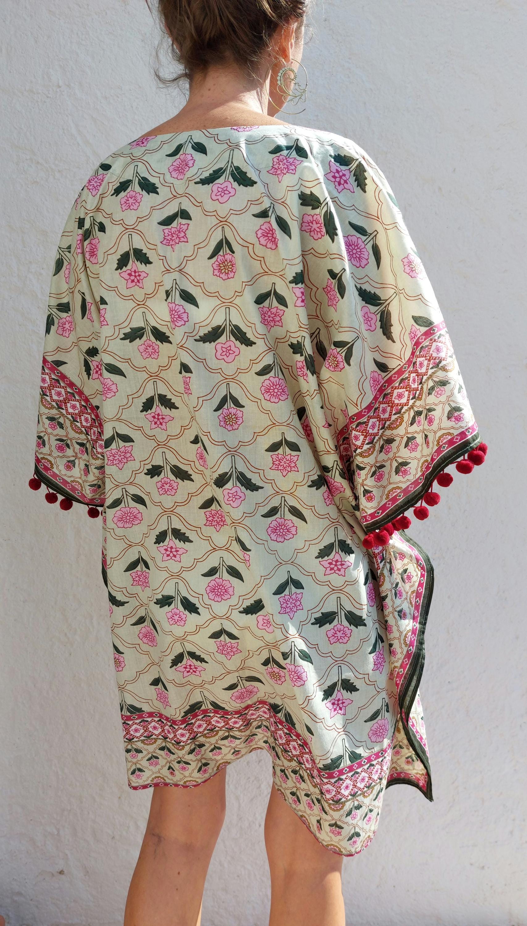 short kaftan in soft cotton, beach outfit,boho chic summer wear,pool party cover-up,hippie chic poncho,V neckline,finishing pompons.
