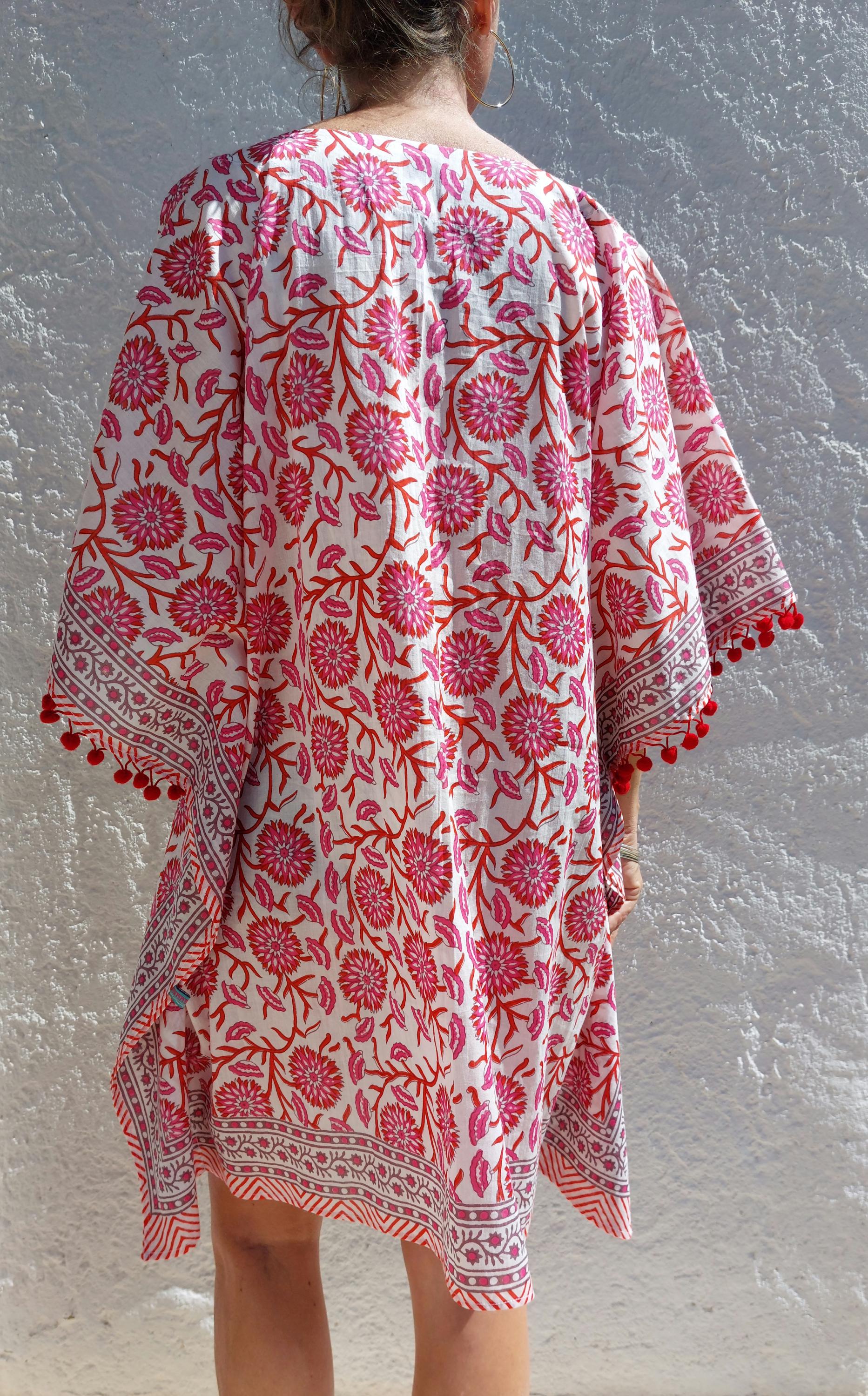 short kaftan in soft cotton, beach outfit,boho chic summer wear,pool party cover-up,hippie chic poncho,V neckline,finishing pompons.