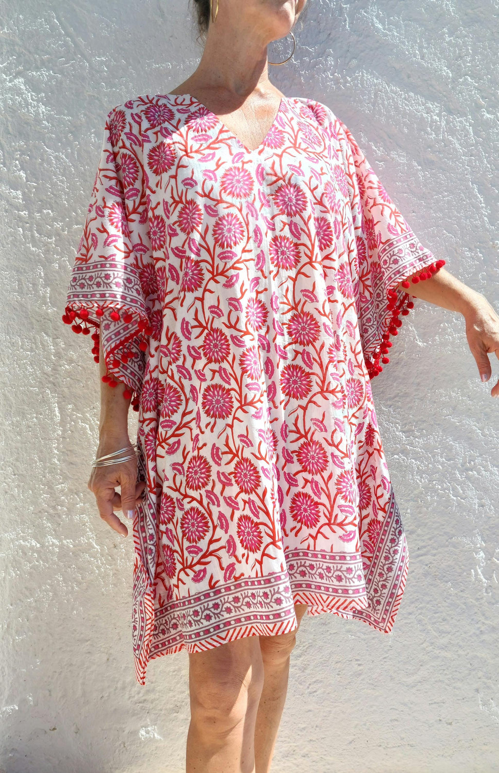 short kaftan in soft cotton, beach outfit,boho chic summer wear,pool party cover-up,hippie chic poncho,V neckline,finishing pompons.