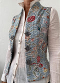 Boho Cotton Waistcoat – Corset Style Fitted Vest, Grey Floral Print, Brandenburg Closure Waistcoat, Chic Artisan Women’s Top