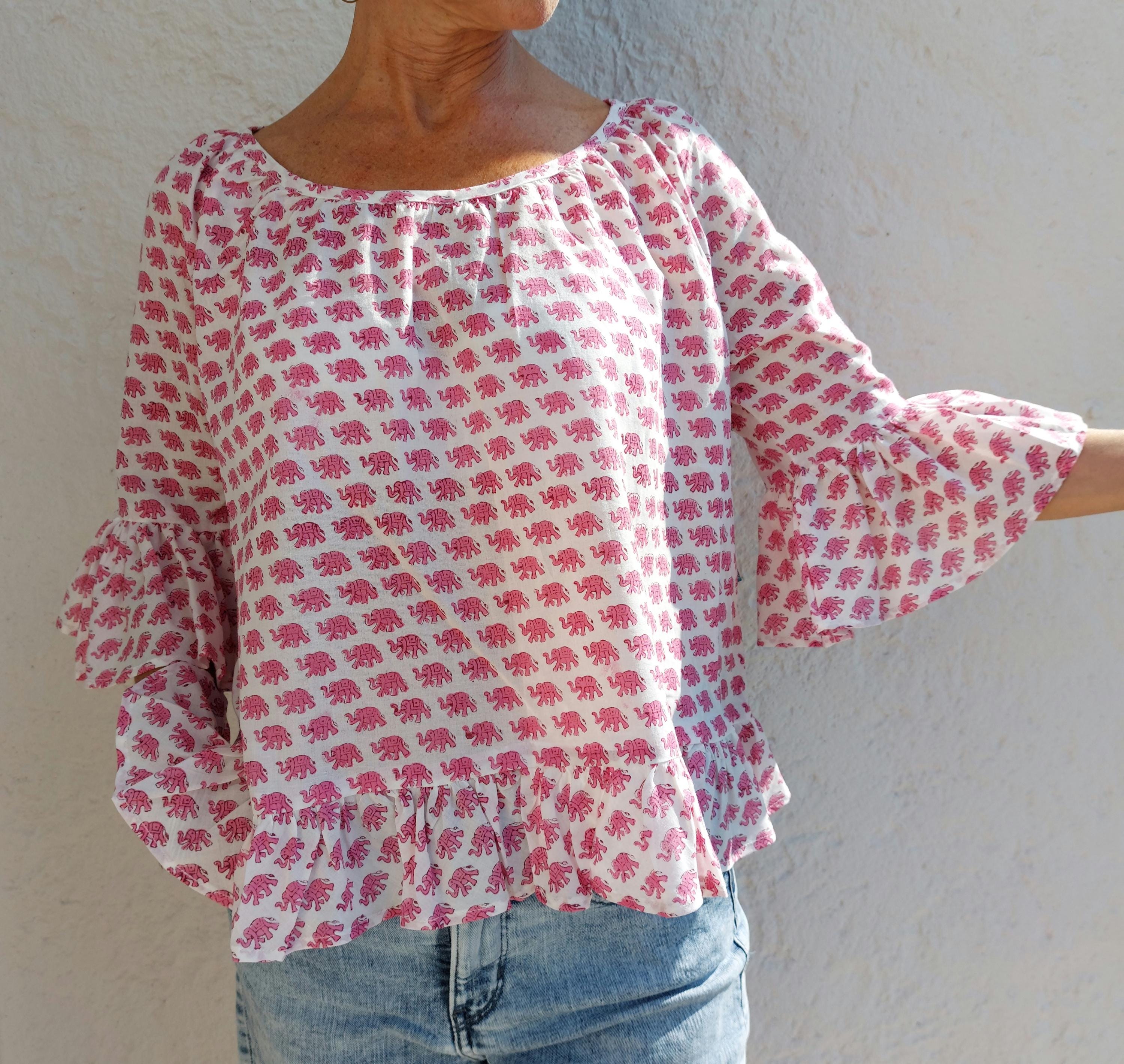 ruffles top in cotton handblock printed,pink elephant pattern,3/4 sleeves with ruffles,casual outfit,limited series