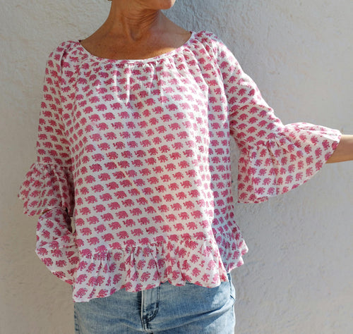ruffles top in cotton handblock printed,pink elephant pattern,3/4 sleeves with ruffles,casual outfit,limited series