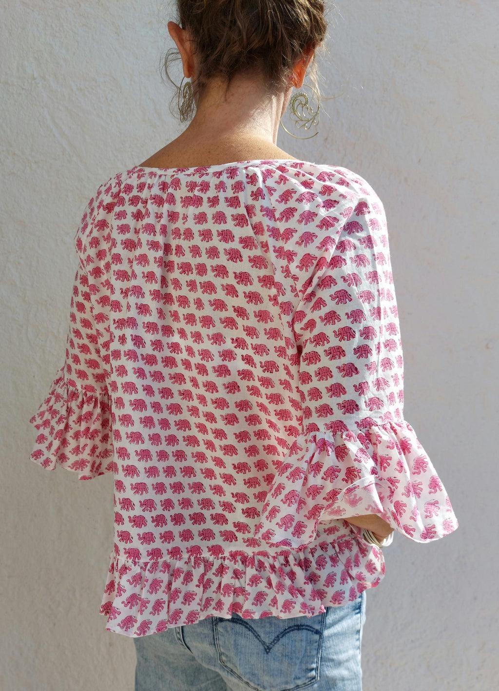 ruffles top in cotton handblock printed,pink elephant pattern,3/4 sleeves with ruffles,casual outfit,limited series