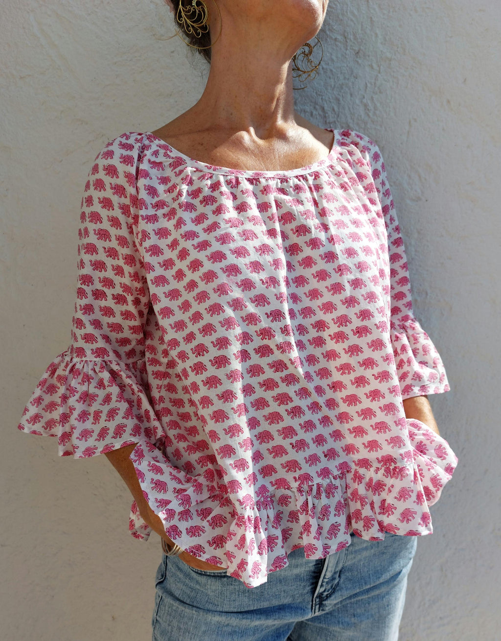ruffles top in cotton handblock printed,pink elephant pattern,3/4 sleeves with ruffles,casual outfit,limited series