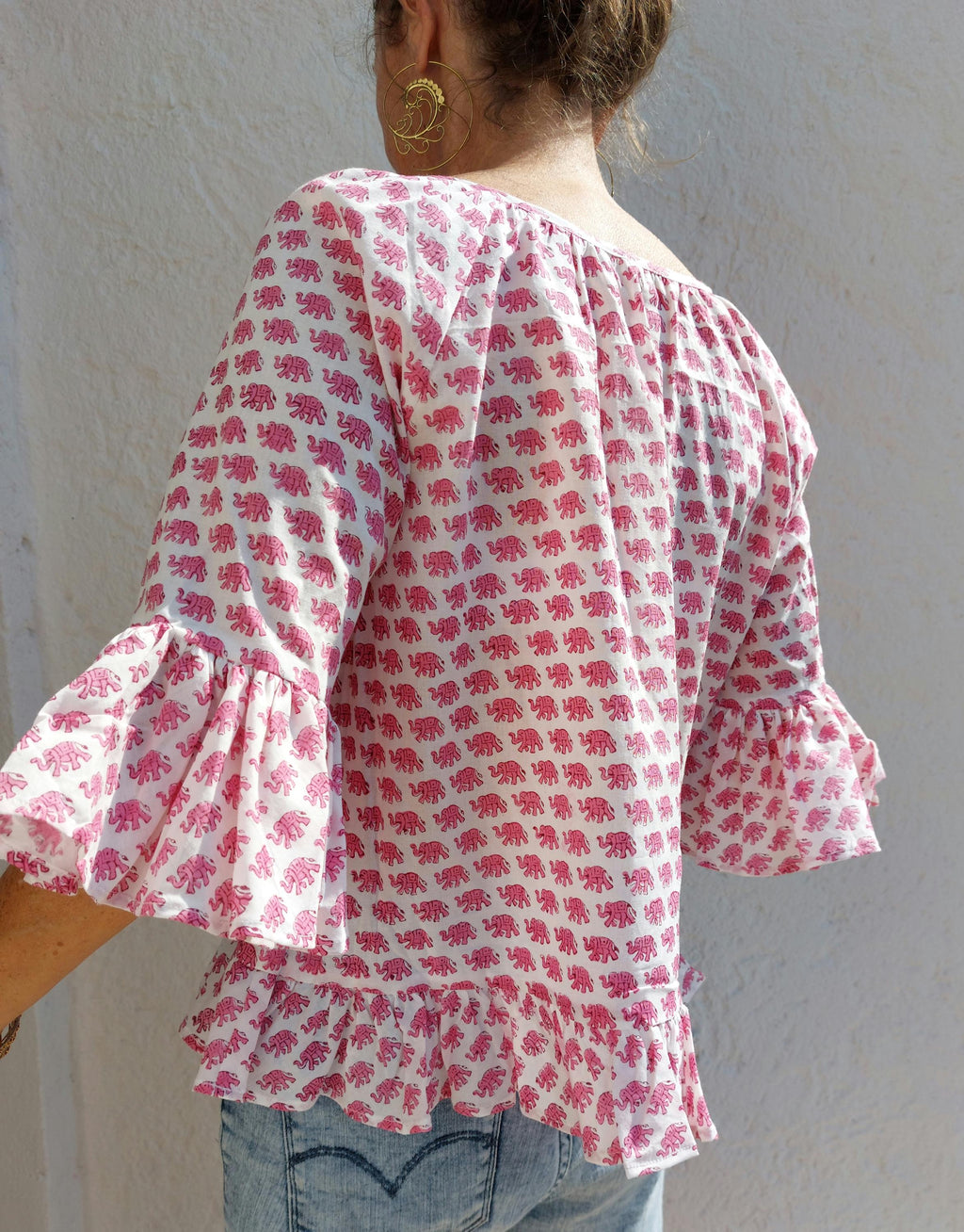 ruffles top in cotton handblock printed,pink elephant pattern,3/4 sleeves with ruffles,casual outfit,limited series