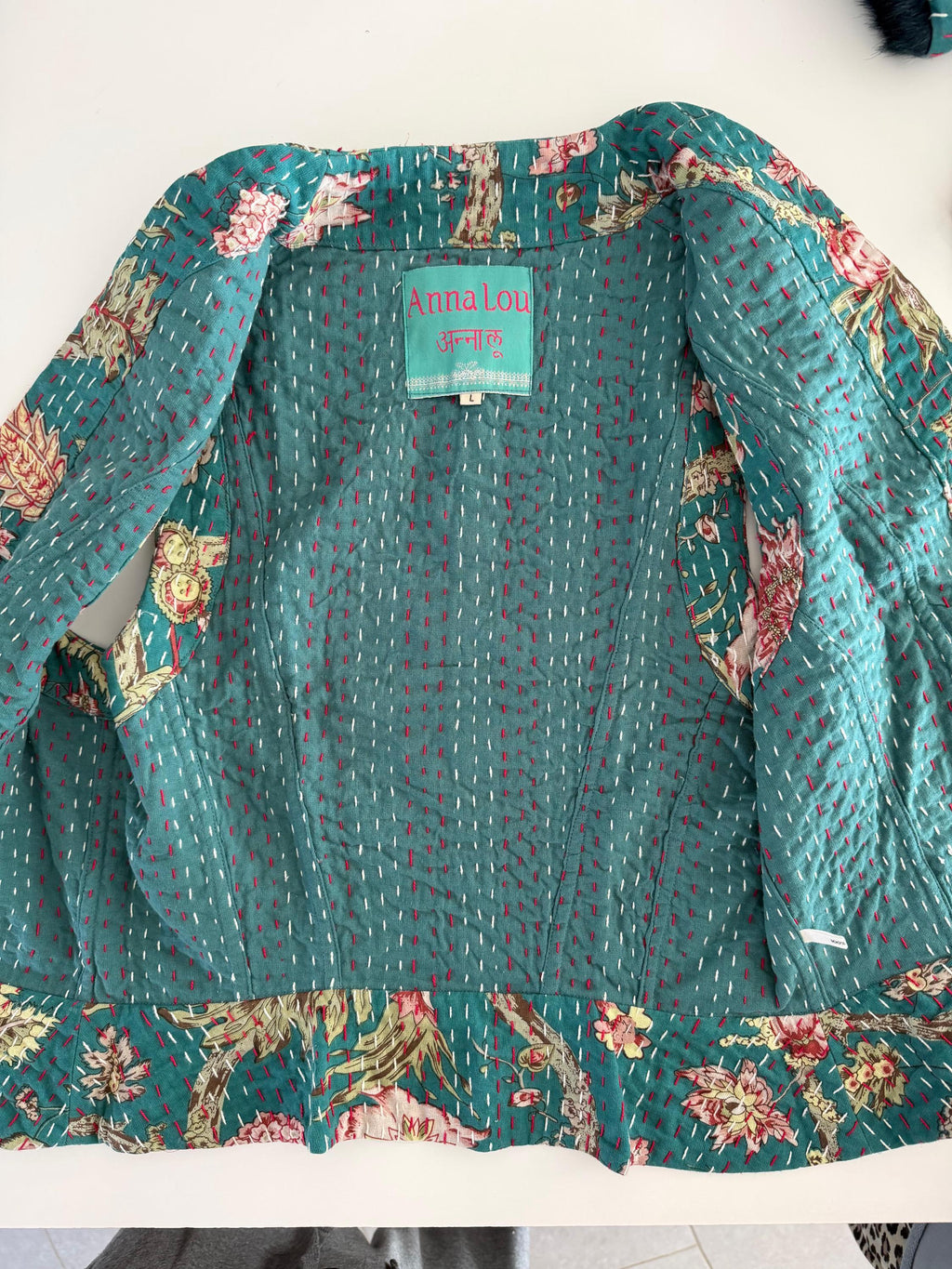 waistcoat in cotton not quilted,teal color and pink hydrangea print,boheme chic style,fitted jacket,limited series,corset shape