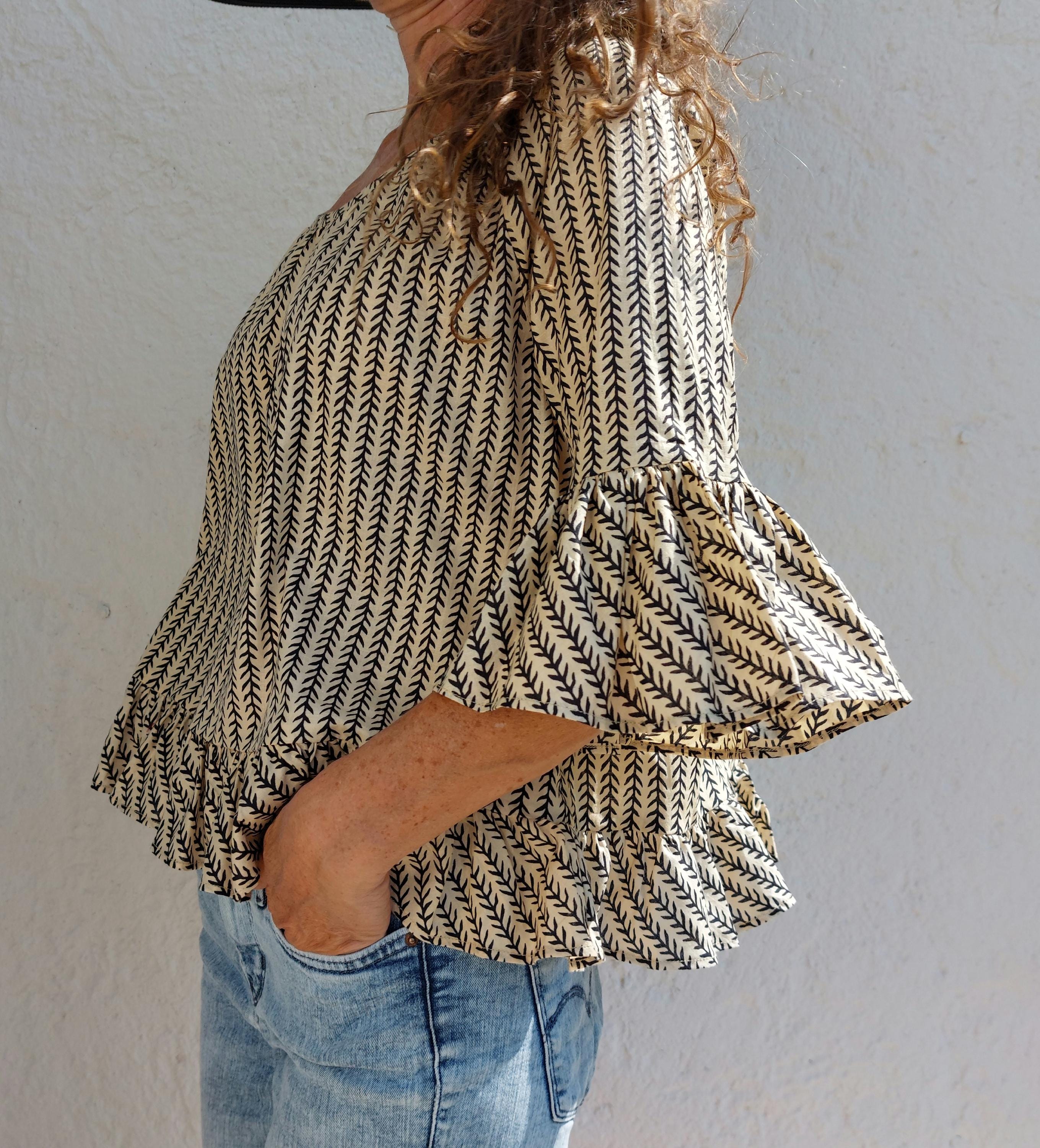ruffles top in cotton,in the shades of beige black pattern,boho chic summertop,limited series,ruffled sleeves, large round neckline