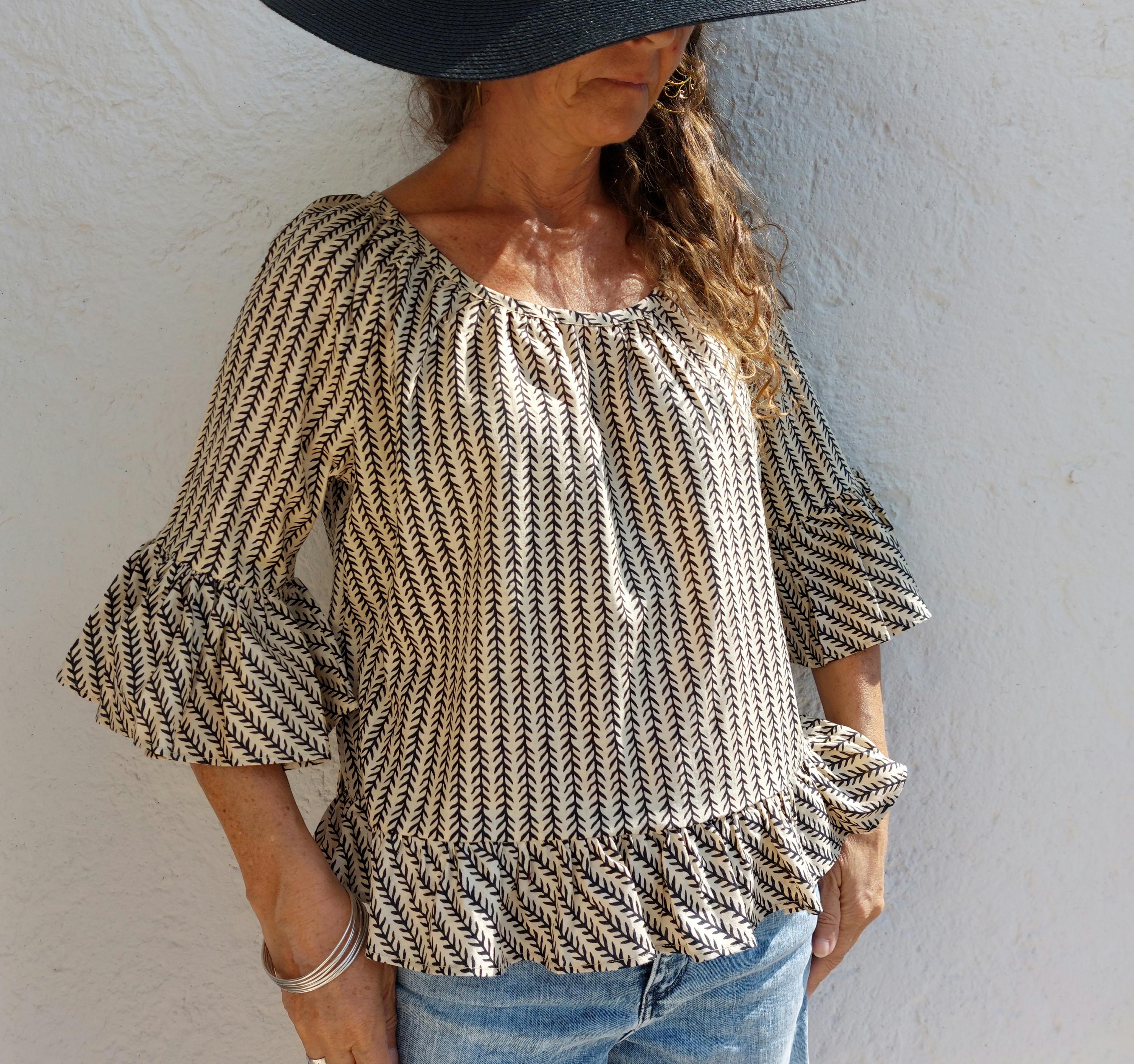 ruffles top in cotton,in the shades of beige black pattern,boho chic summertop,limited series,ruffled sleeves, large round neckline