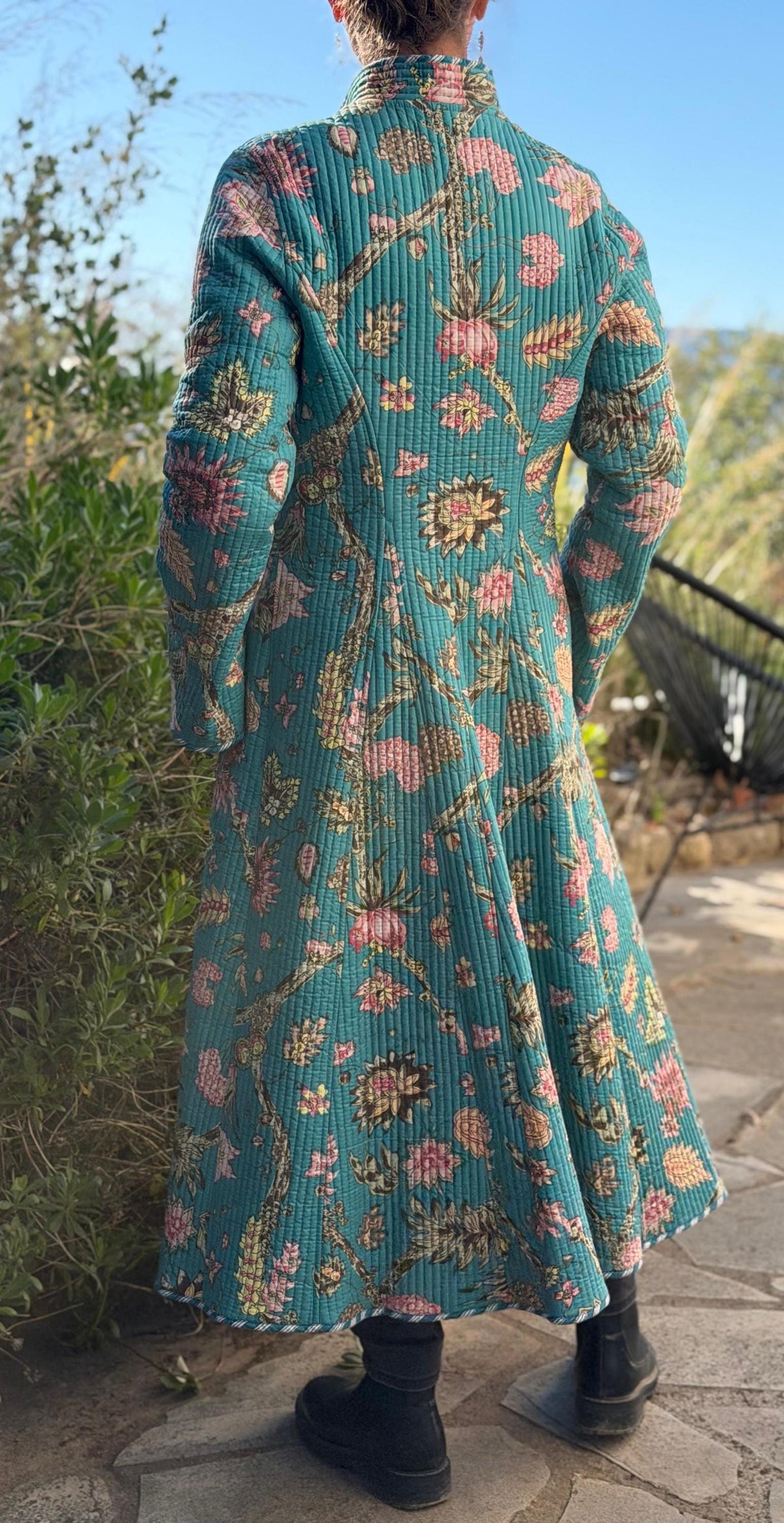 Quilted hydrangea coat with turquoise lining