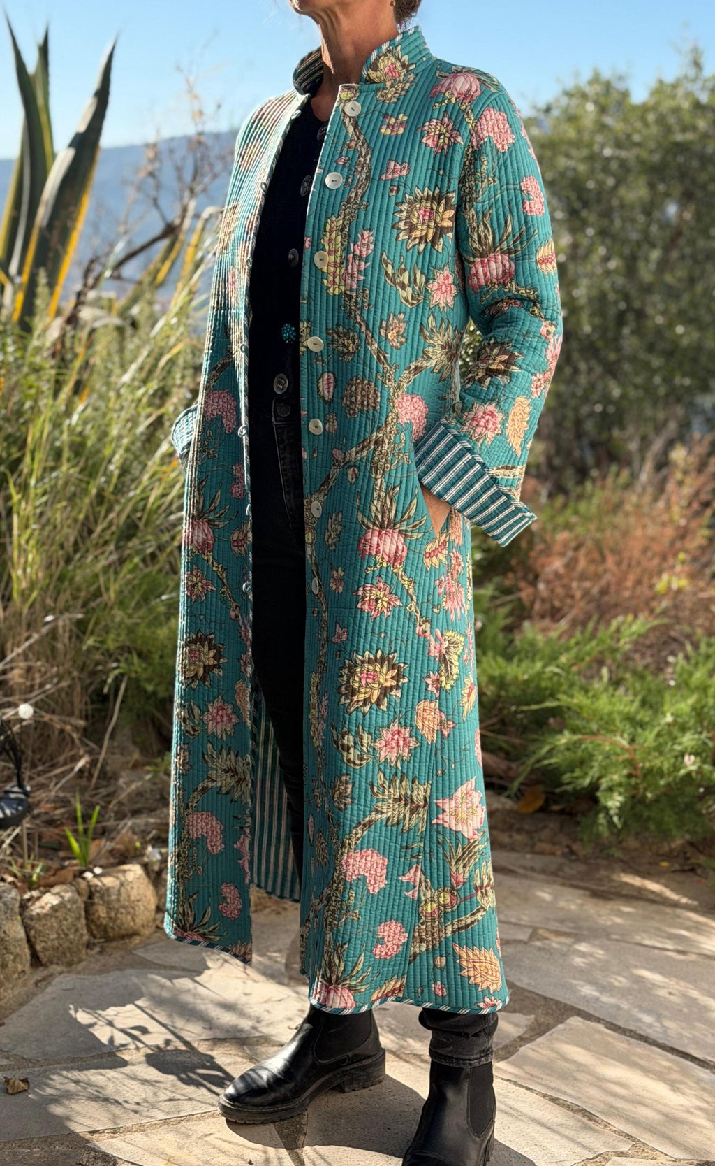 long frock coat in quilted cotton,turquoise stripes cotton inside,winter outfit,limited series, bohochic design,hydrangea pattern