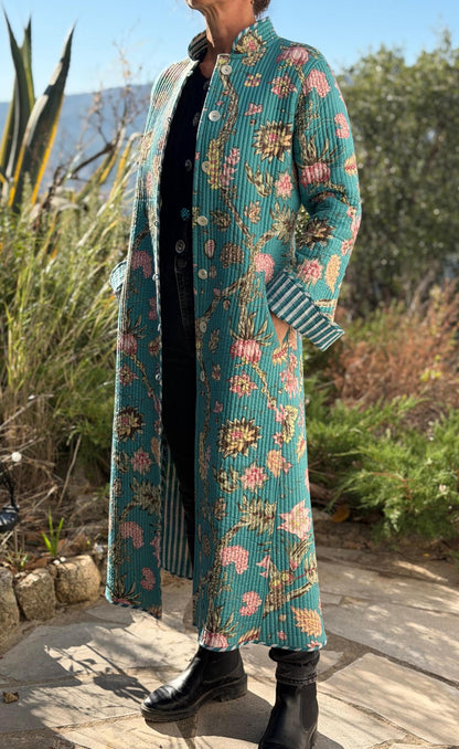Quilted hydrangea coat with turquoise lining