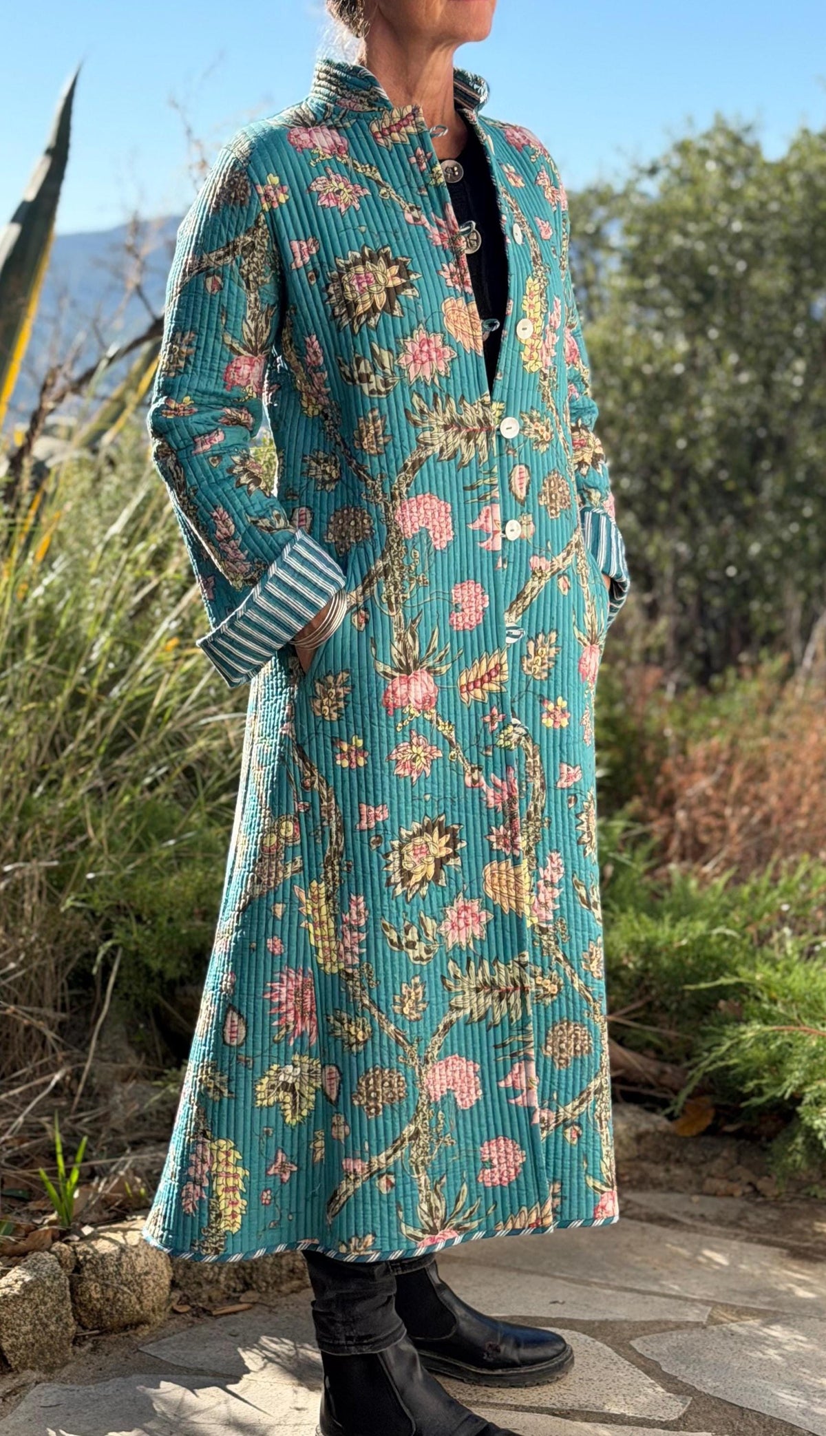 Quilted hydrangea coat with turquoise lining