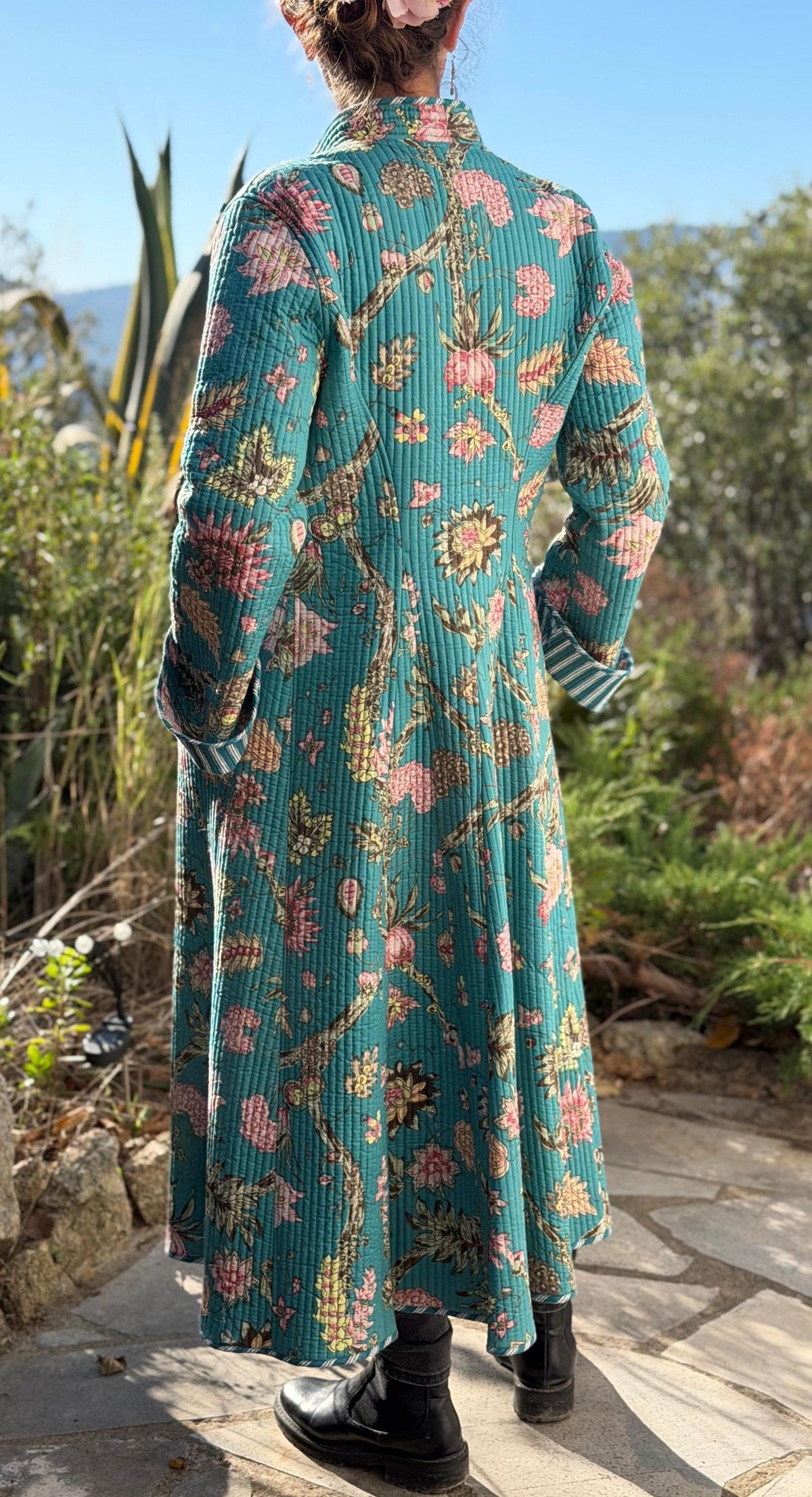 Quilted hydrangea coat with turquoise lining