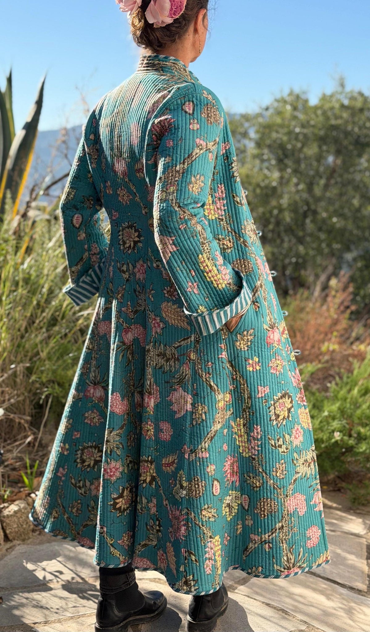 Quilted hydrangea coat with turquoise lining