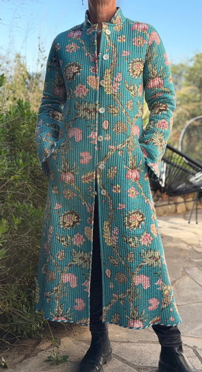Quilted hydrangea coat with turquoise lining