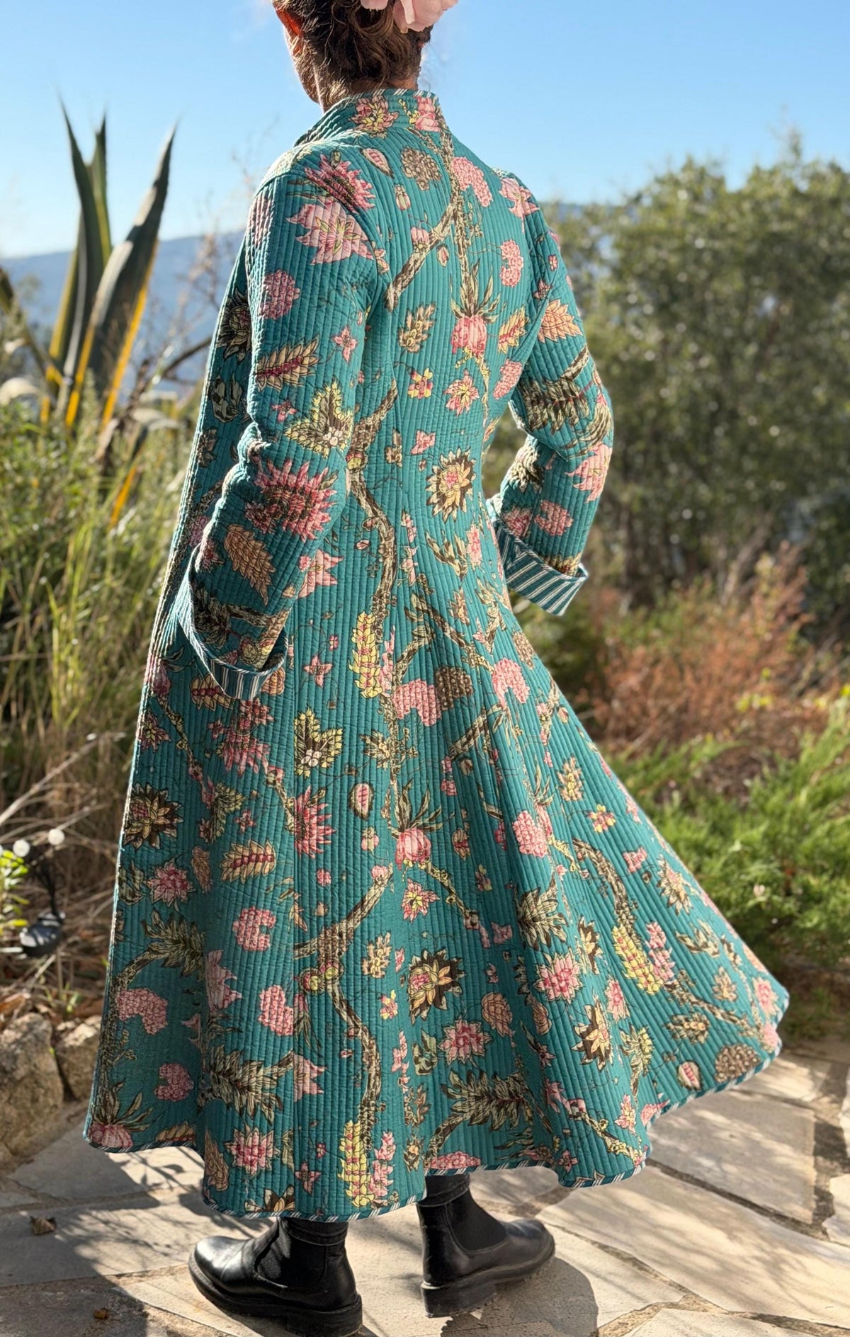 Quilted hydrangea coat with turquoise lining